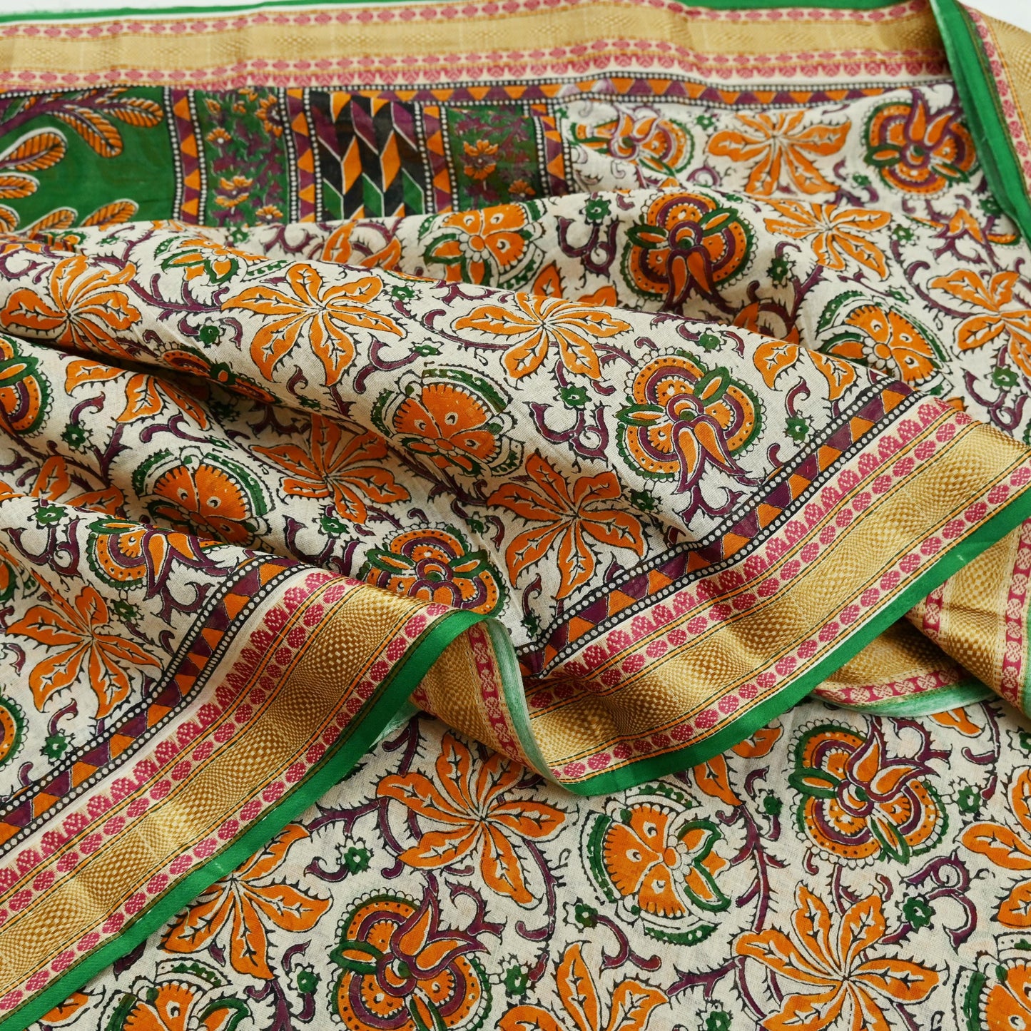 Indian Vintage Sari Green & Ivory Printed Pure Cotton Sarees 5Yd Craft Fabric Soft Sewing Sarong Wrap Boho Upcycle quilting Dress making