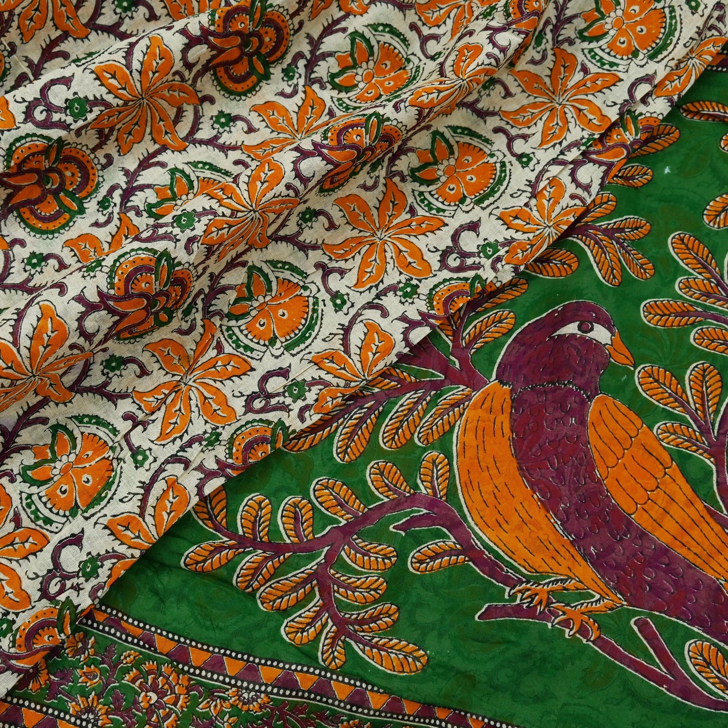 Indian Vintage Sari Green & Ivory Printed Pure Cotton Sarees 5Yd Craft Fabric Soft Sewing Sarong Wrap Boho Upcycle quilting Dress making