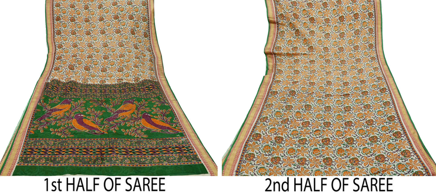 Indian Vintage Sari Green & Ivory Printed Pure Cotton Sarees 5Yd Craft Fabric Soft Sewing Sarong Wrap Boho Upcycle quilting Dress making