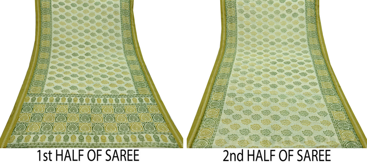 Indian Vintage Sari Ivory Printed Blend Cotton Saree Craft Fabric 5Yd Sewing Sarong Wrap Boho Floral Dress making Crafting