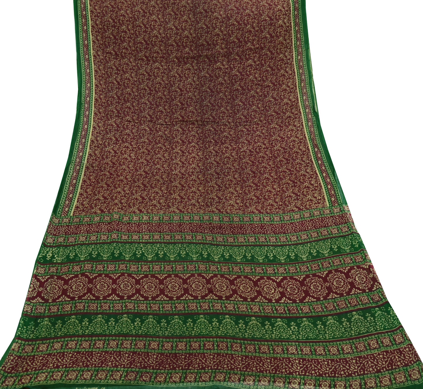 Indian Vintage Green & Maroon Saree Printed Pure Cotton Sari Craft Fabric Soft 5Yd Sewing Sarong Wrap Boho Floral Dress making Crafting