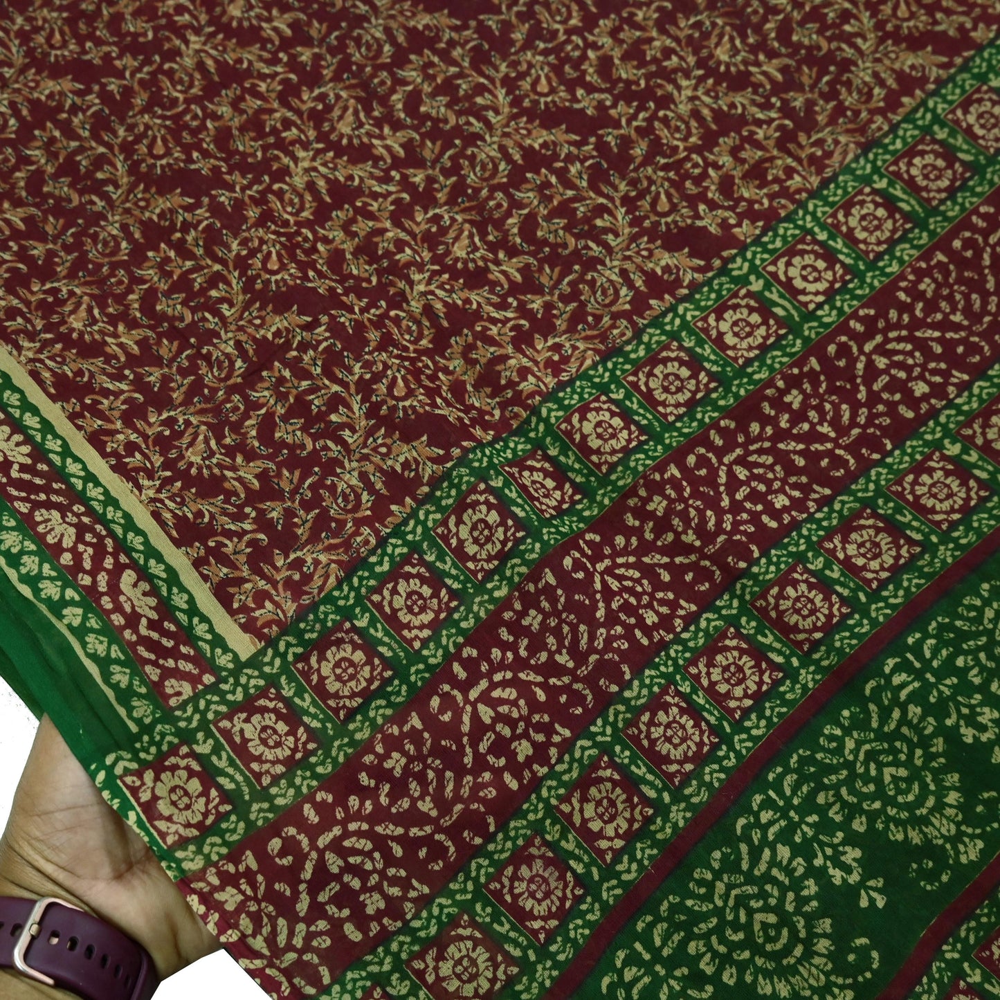 Indian Vintage Green & Maroon Saree Printed Pure Cotton Sari Craft Fabric Soft 5Yd Sewing Sarong Wrap Boho Floral Dress making Crafting