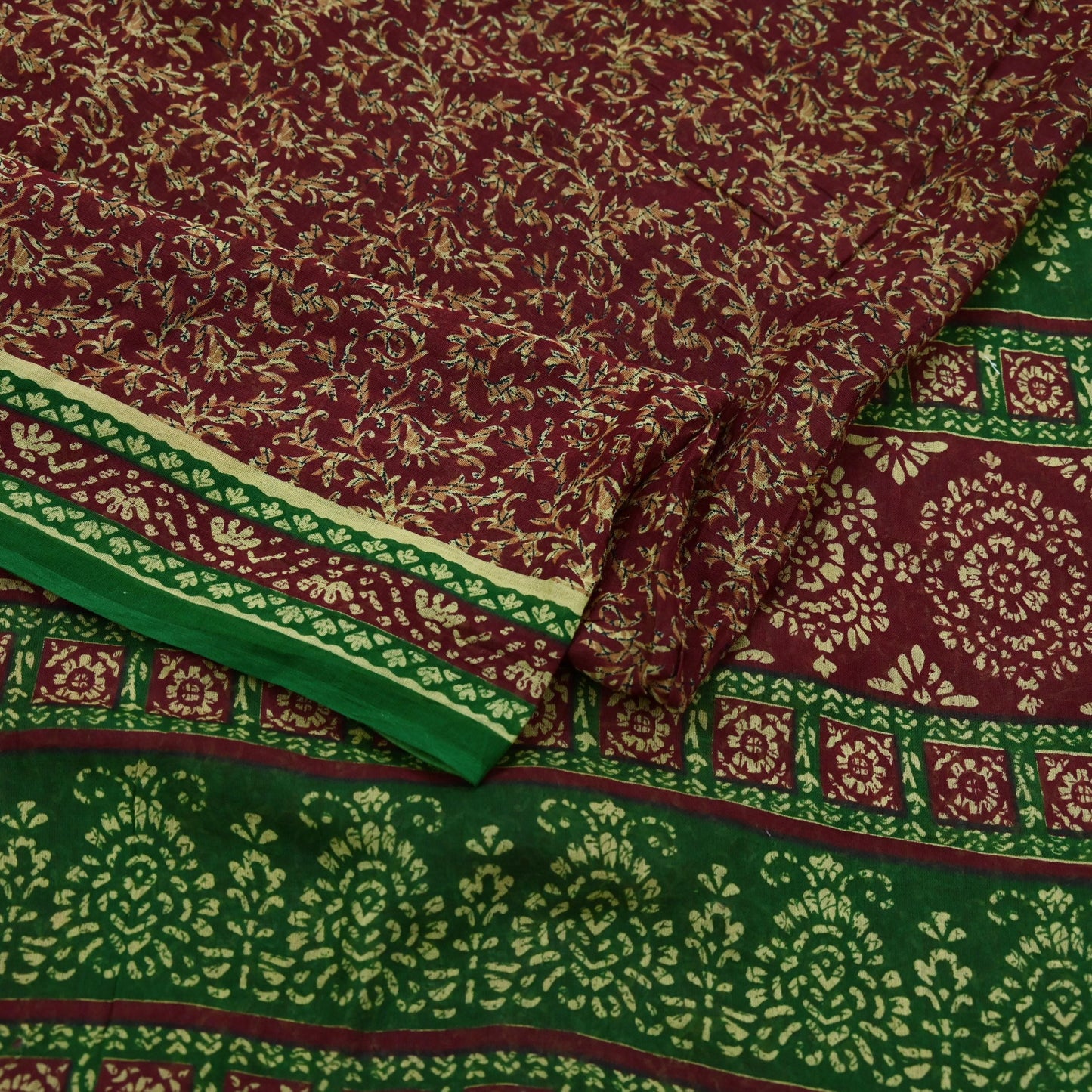 Indian Vintage Green & Maroon Saree Printed Pure Cotton Sari Craft Fabric Soft 5Yd Sewing Sarong Wrap Boho Floral Dress making Crafting