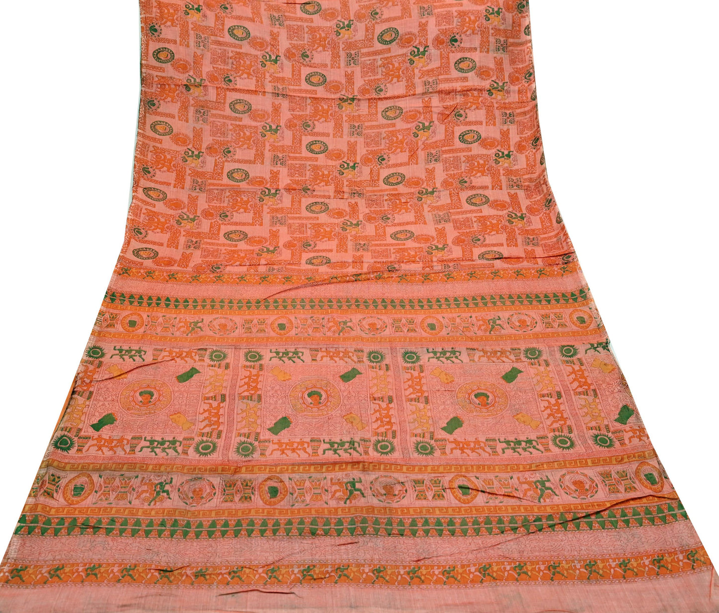 Indian Vintage Sari Orange 100% Pure Silk Printed Saree Craft Fabric 5yd Sewing Dress Making Soft Wrap Floral Quilting Crafting Upcycle