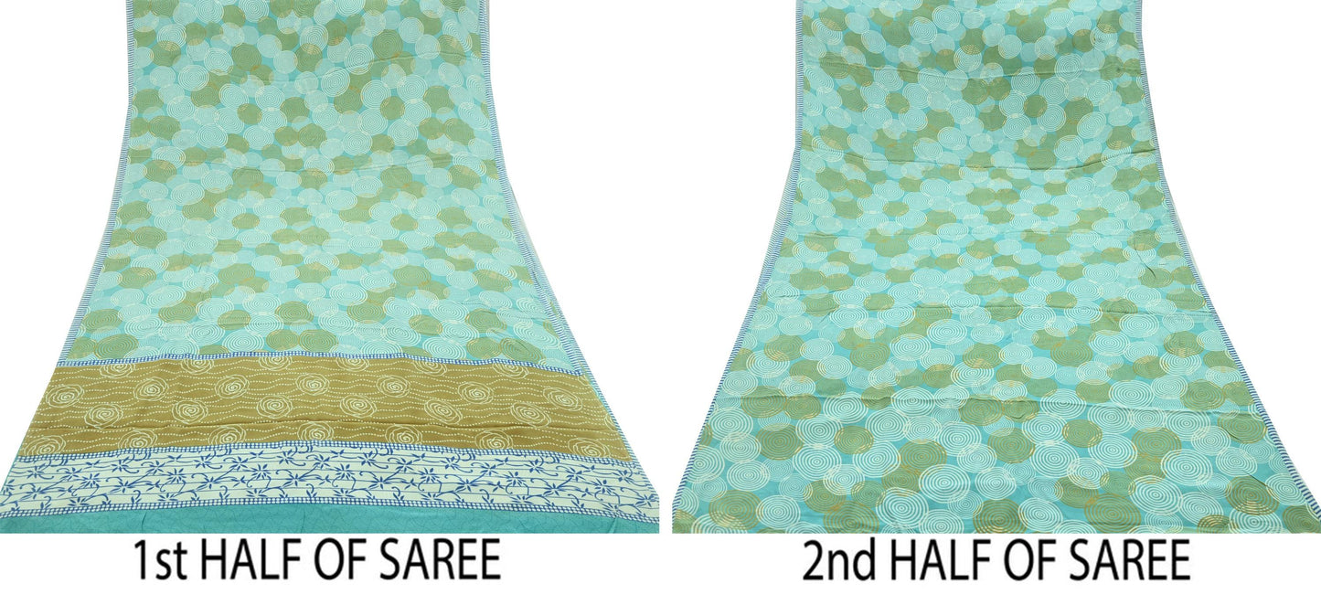 Indian Vintage Sari Ivory & Green Pure Crepe Silk Printed Saree 5yd Sewing Floral Soft Craft Fabric Wrap Dress making Crafting Quilting