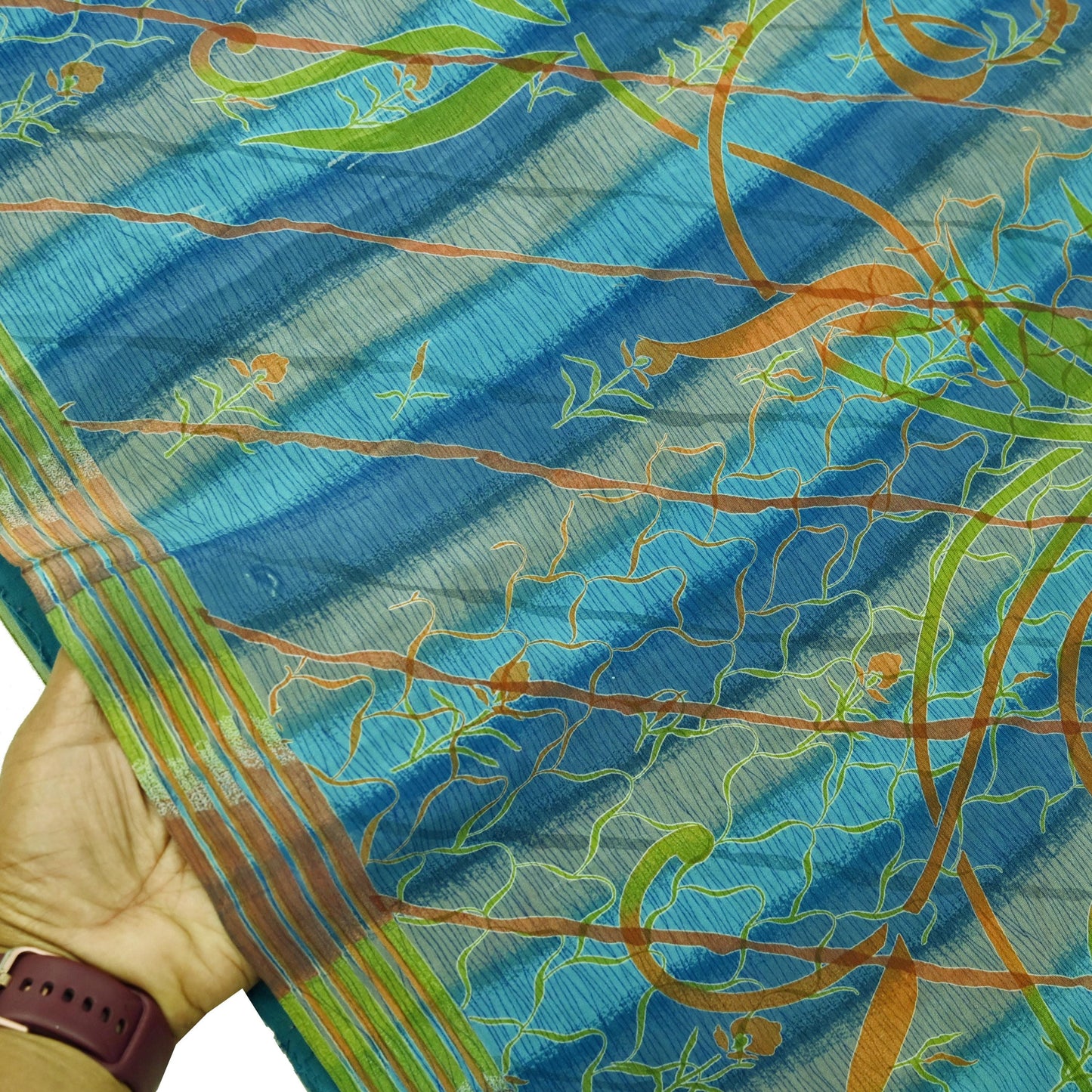 Indian Vintage Blue Saree Pure Crepe Silk Printed Sari 5yd Sewing Abstract Soft Craft Fabric Wrap Dress making Crafting Quilting Upcycle
