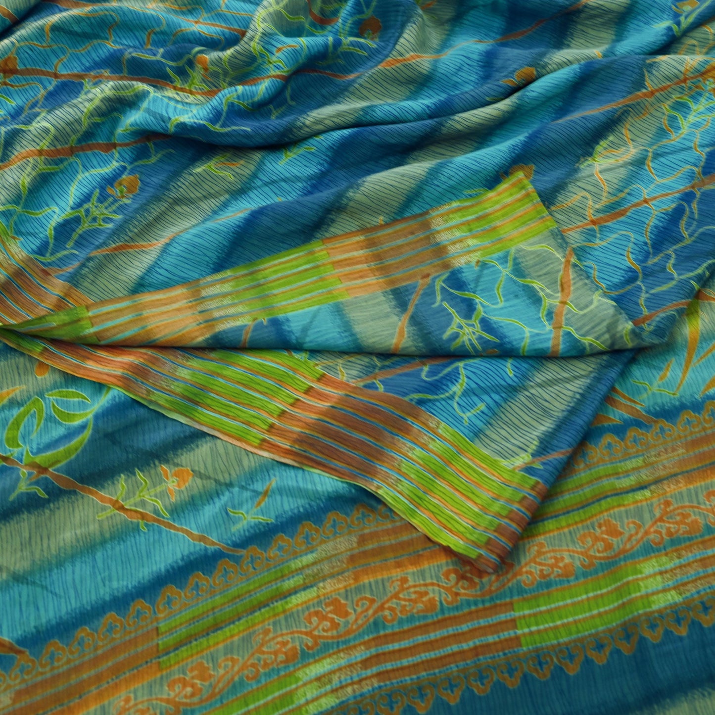 Indian Vintage Blue Saree Pure Crepe Silk Printed Sari 5yd Sewing Abstract Soft Craft Fabric Wrap Dress making Crafting Quilting Upcycle