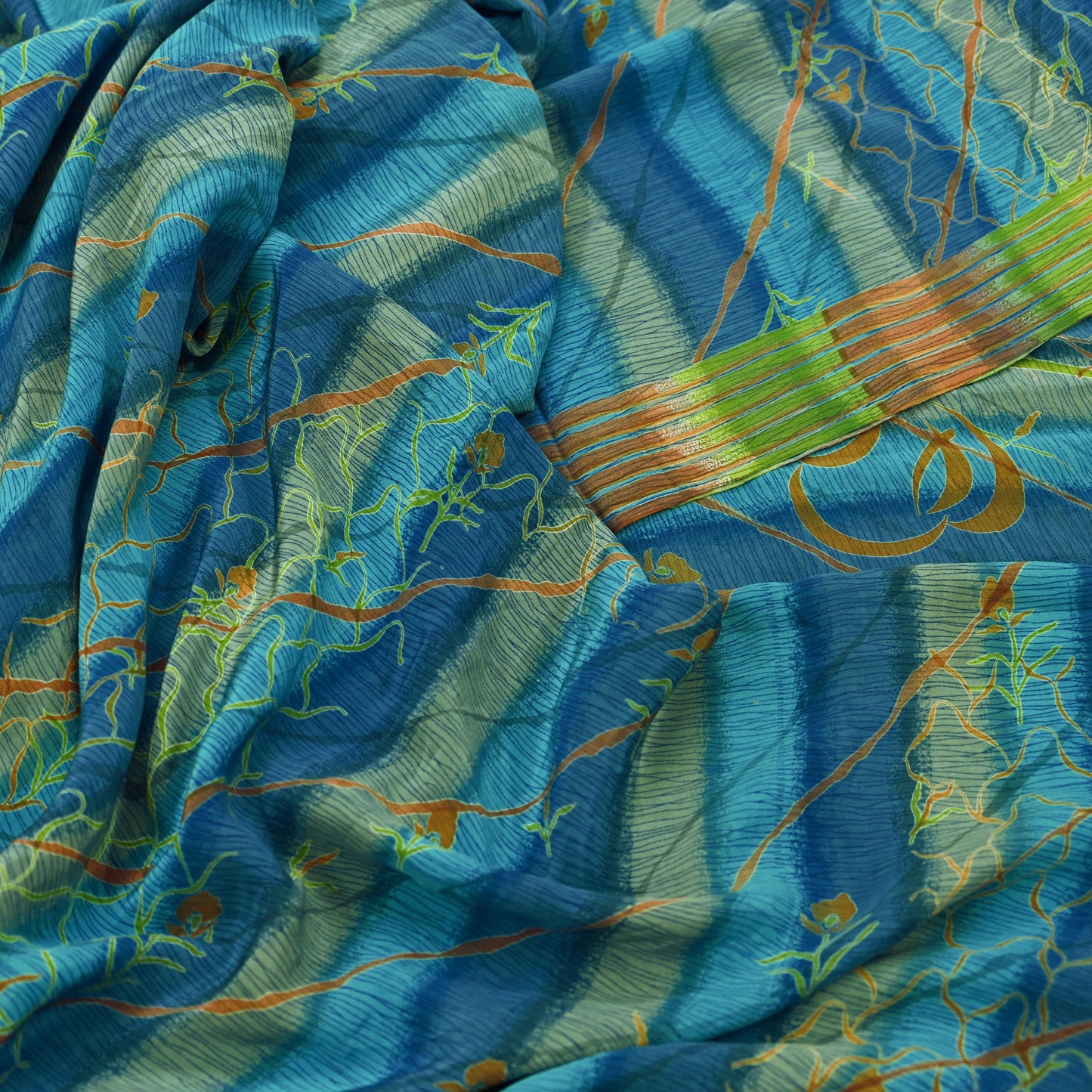 Indian Vintage Blue Saree Pure Crepe Silk Printed Sari 5yd Sewing Abstract Soft Craft Fabric Wrap Dress making Crafting Quilting Upcycle