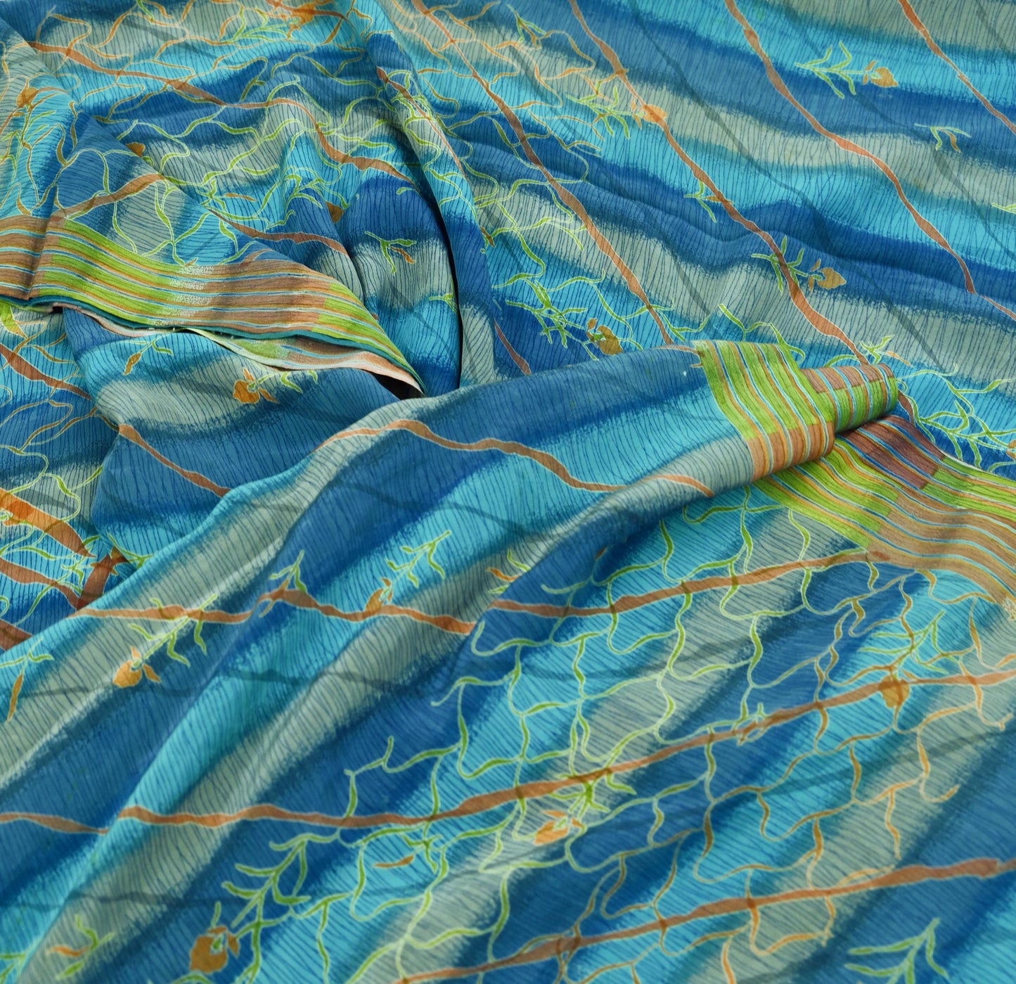Indian Vintage Blue Saree Pure Crepe Silk Printed Sari 5yd Sewing Abstract Soft Craft Fabric Wrap Dress making Crafting Quilting Upcycle