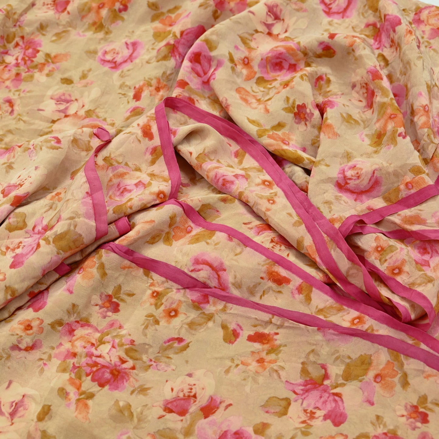 Indian Vintage Sari Beige Pure Crepe Silk Printed Sarees 5yd Sewing Floral Soft Craft Fabric Wrap Dress making Crafting Quilting Used