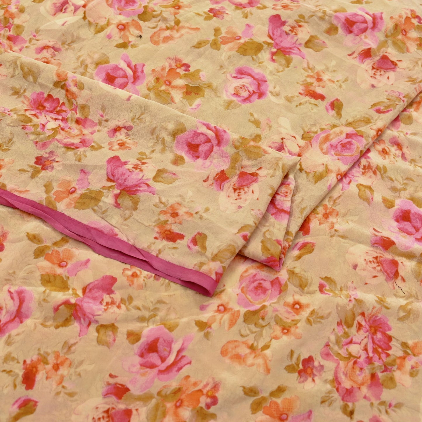 Indian Vintage Sari Beige Pure Crepe Silk Printed Sarees 5yd Sewing Floral Soft Craft Fabric Wrap Dress making Crafting Quilting Used