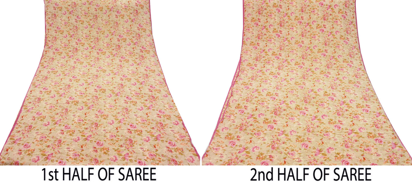 Indian Vintage Sari Beige Pure Crepe Silk Printed Sarees 5yd Sewing Floral Soft Craft Fabric Wrap Dress making Crafting Quilting Used