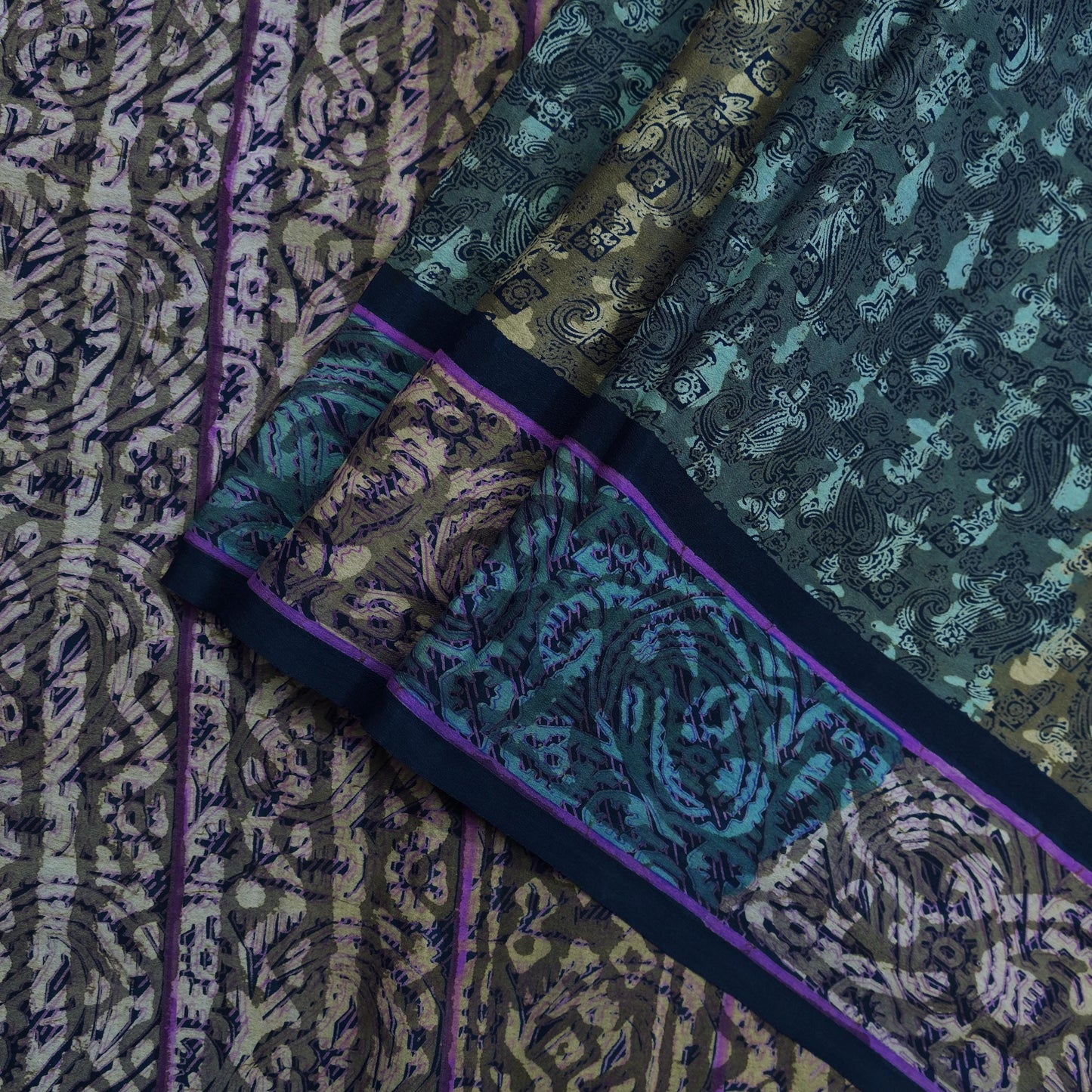 Indian Vintage Blue Saree Pure Crepe Silk Printed Sari 5yd Sewing Floral Soft Craft Fabric Wrap Dress making Crafting Quilting Upcycle