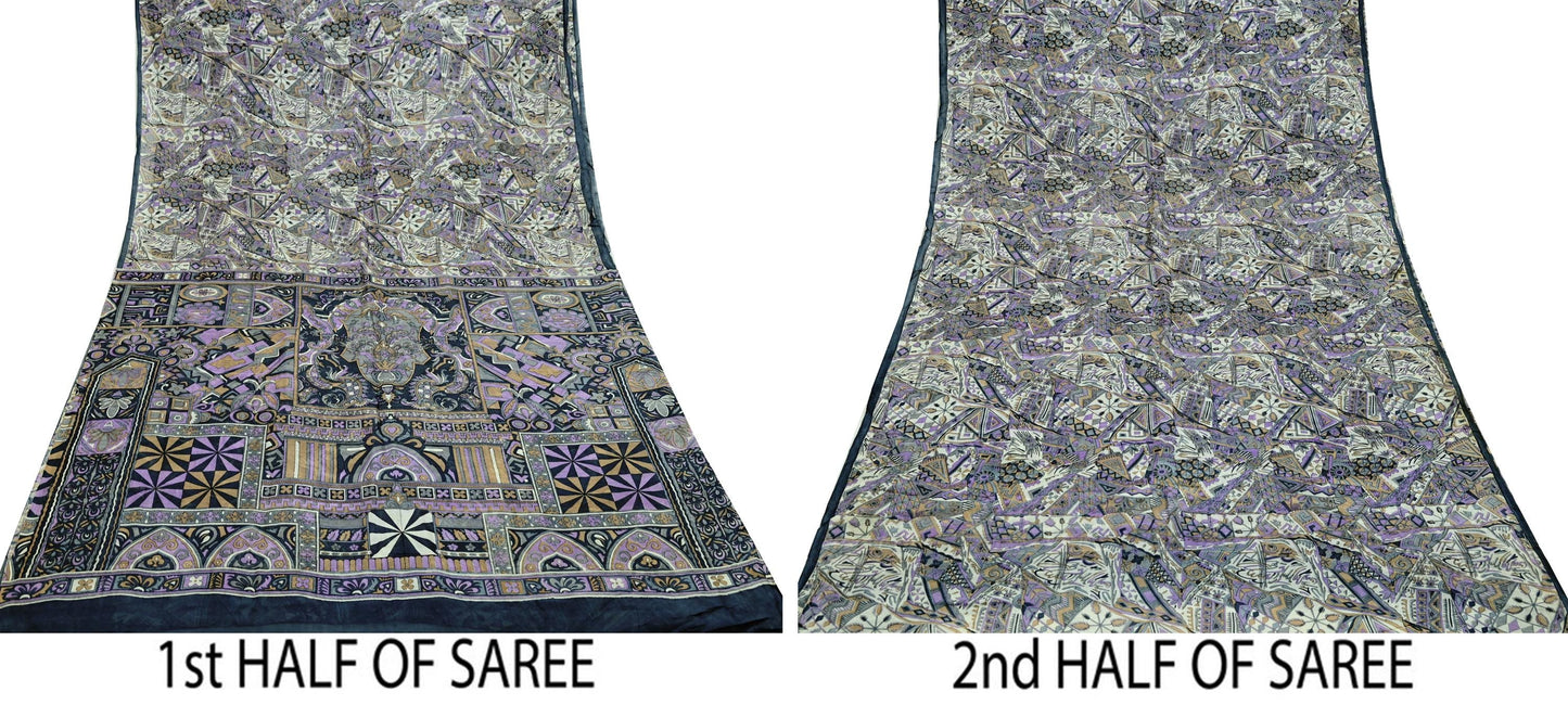 Indian Vintage Sari Gray 100% Pure Silk Printed Saree Craft Fabric 5yd Sewing DressMaking Soft Abstract Crafting Quilting Upcycle Used
