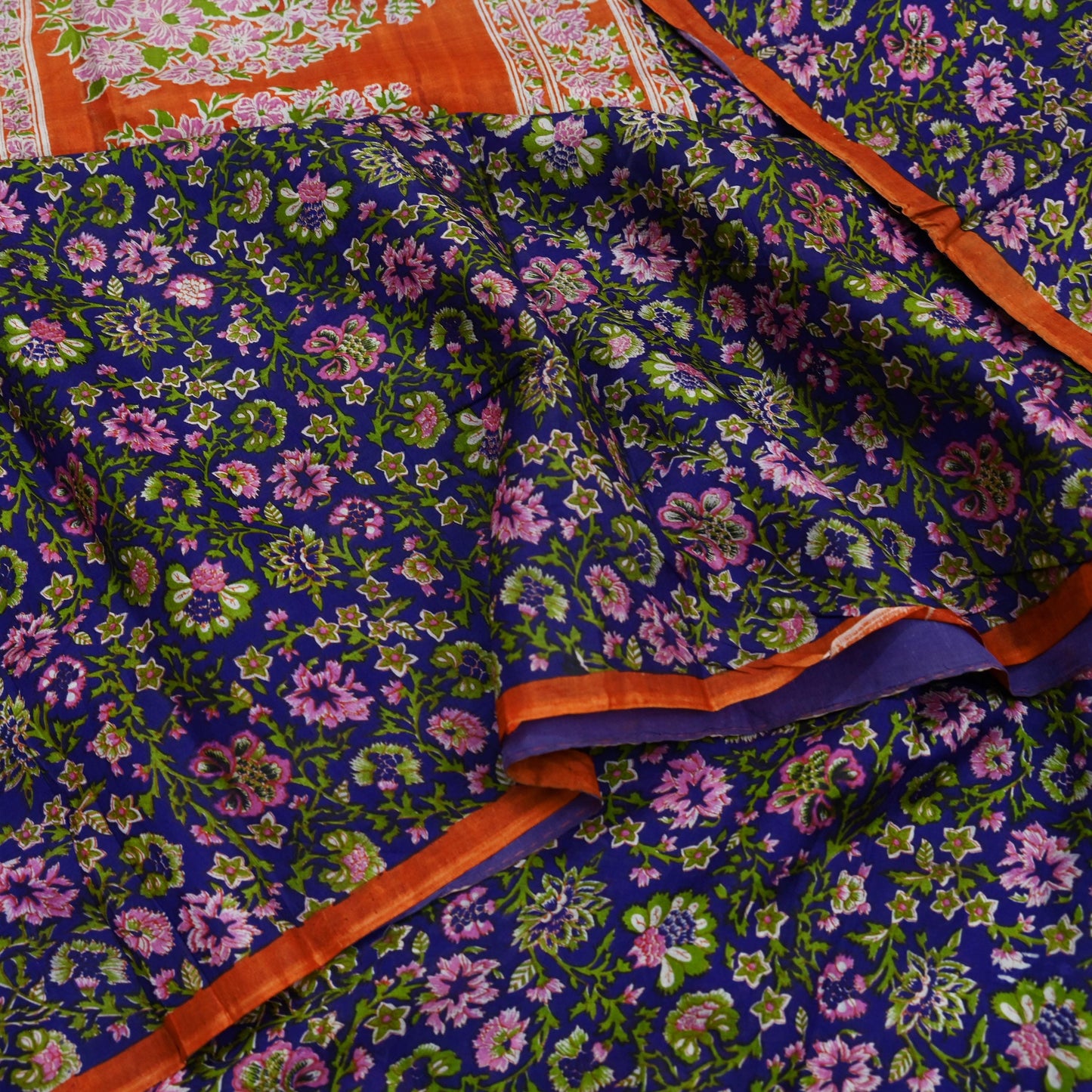 Indian Vintage Sari Orange & Purple Printed 100% Pure Silk Sarees Craft Fabric 5yd Sewing Dress Making Soft Wrap Quilting Crafting Upcycle
