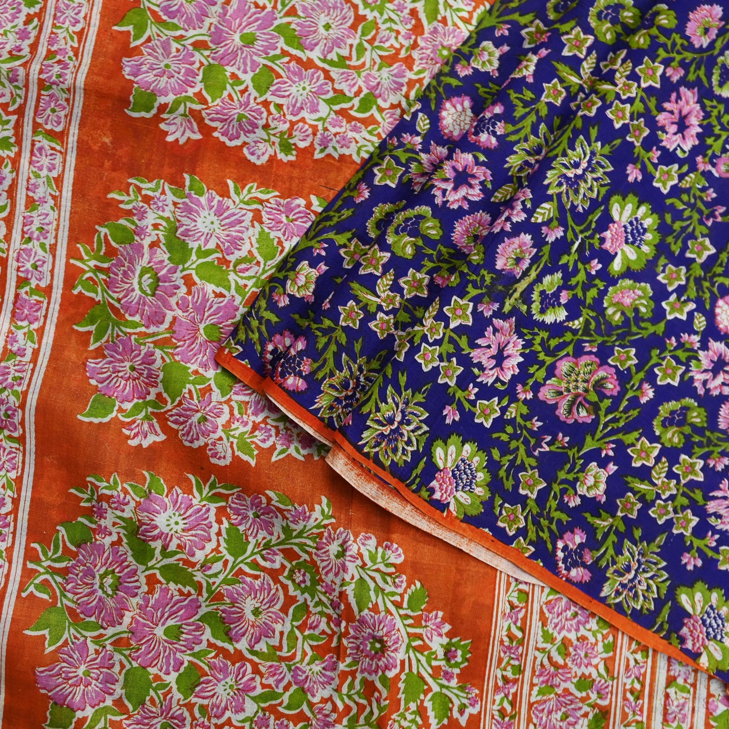 Indian Vintage Sari Orange & Purple Printed 100% Pure Silk Sarees Craft Fabric 5yd Sewing Dress Making Soft Wrap Quilting Crafting Upcycle