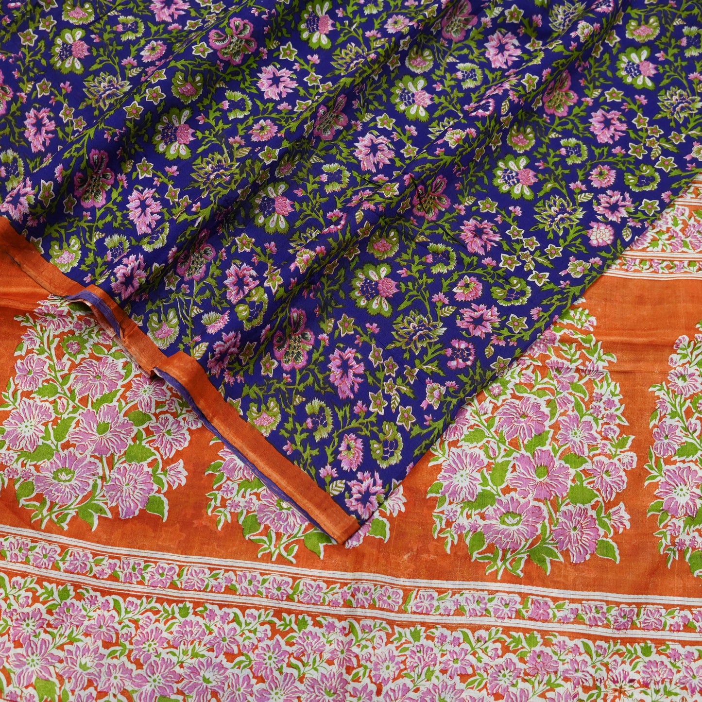 Indian Vintage Sari Orange & Purple Printed 100% Pure Silk Sarees Craft Fabric 5yd Sewing Dress Making Soft Wrap Quilting Crafting Upcycle