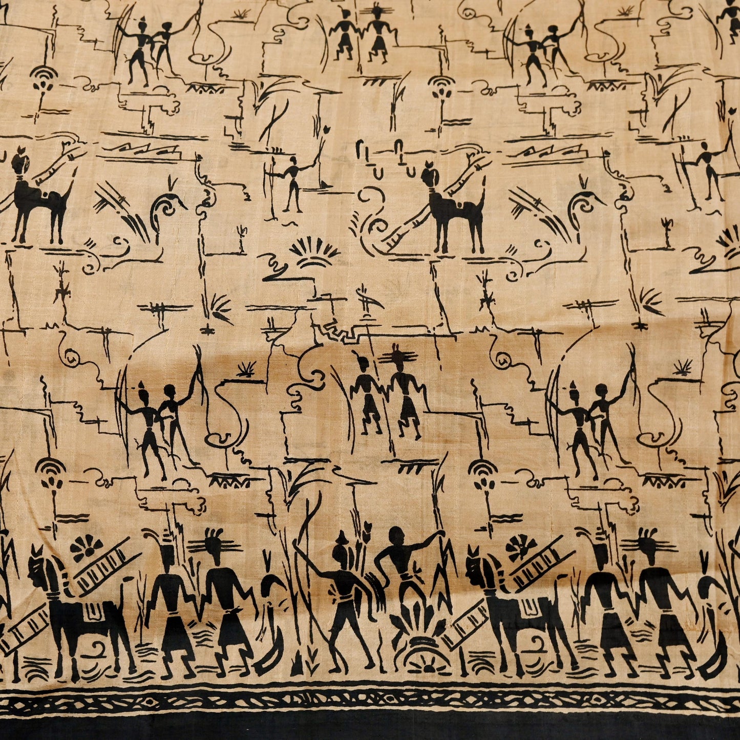 Indian Vintage Sari Black & Beige Pure Silk Printed Sarees Craft Fabric 6yd Sewing Dress Making Humans Elephants Quilting Upcycle Crafting
