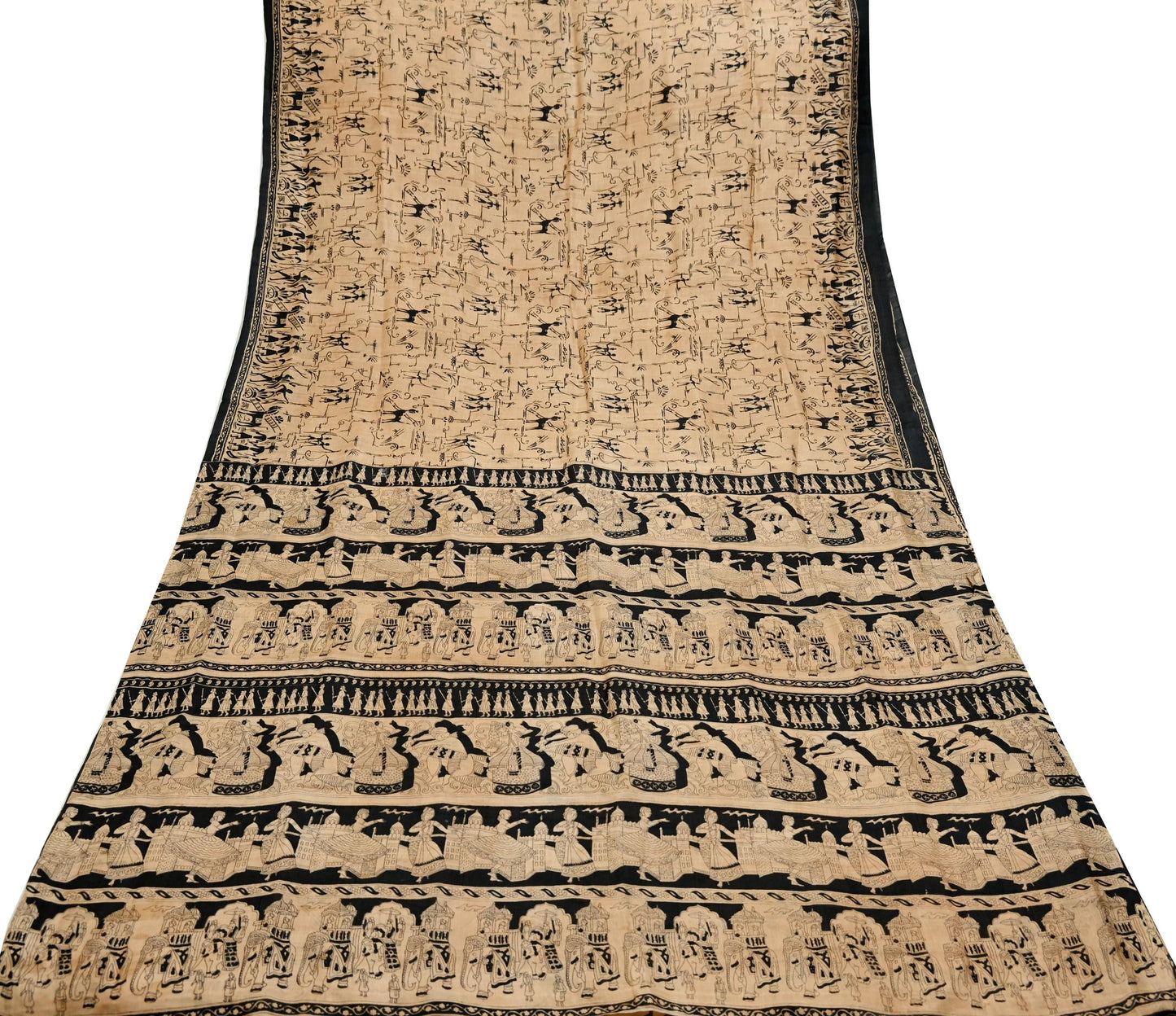 Indian Vintage Sari Black & Beige Pure Silk Printed Sarees Craft Fabric 6yd Sewing Dress Making Humans Elephants Quilting Upcycle Crafting