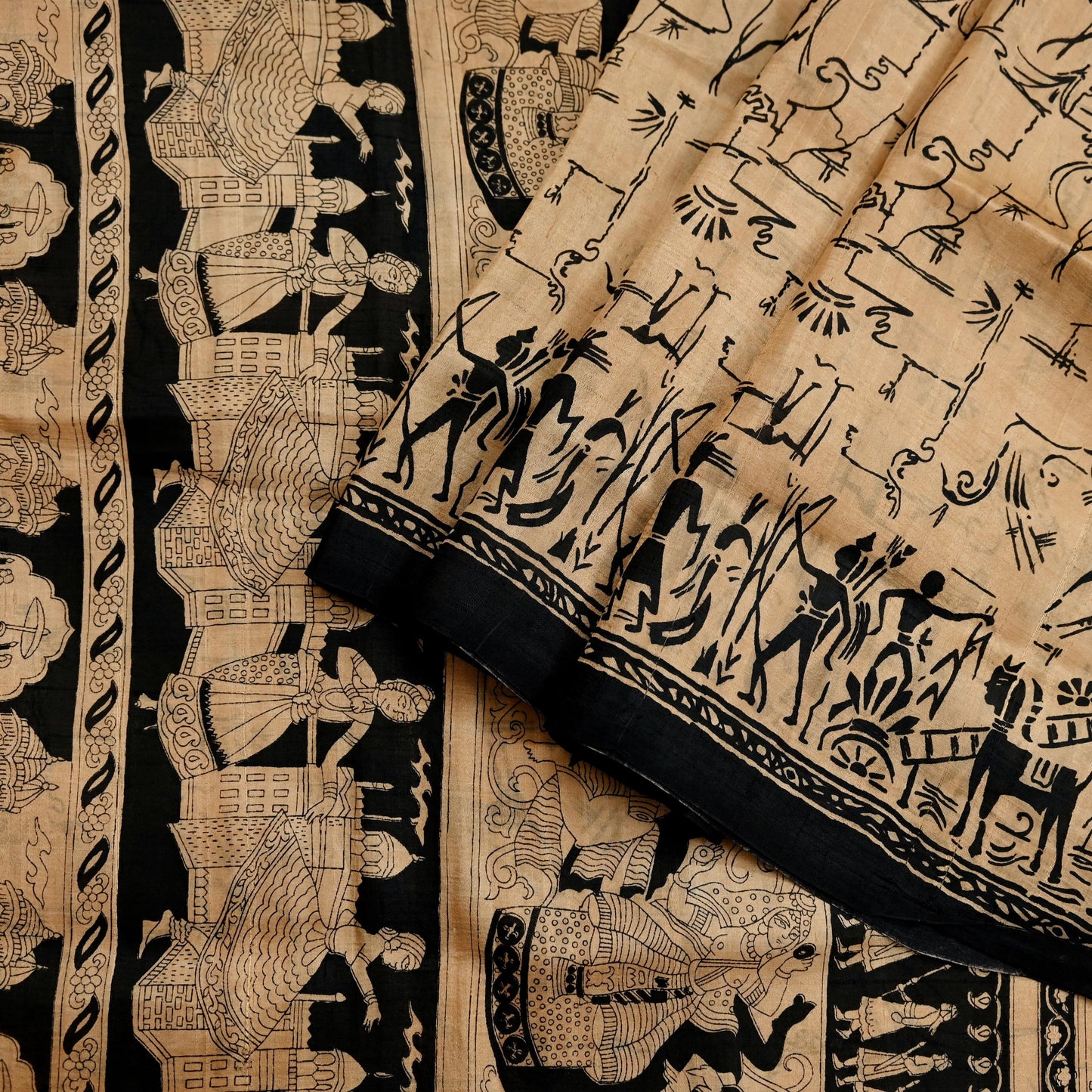 Indian Vintage Sari Black & Beige Pure Silk Printed Sarees Craft Fabric 6yd Sewing Dress Making Humans Elephants Quilting Upcycle Crafting