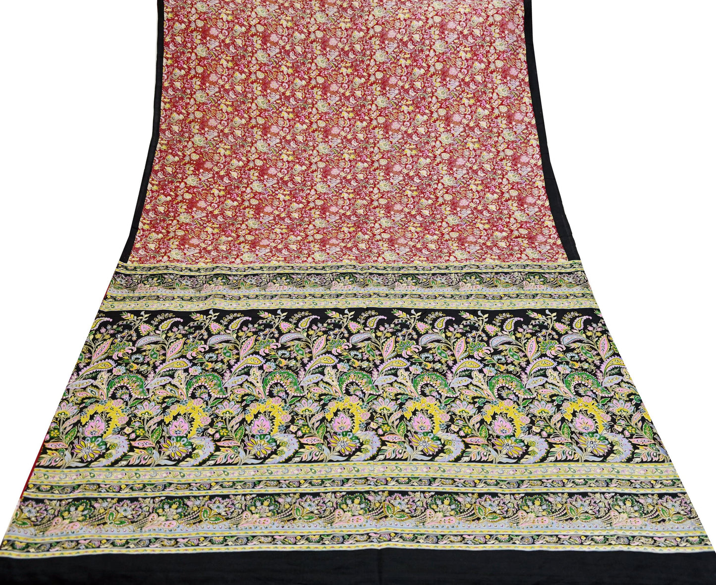 Indian Vintage Sari Black & Red Pure Silk Printed Sarees 5yd Sewing Craft Fabric Dress Making Soft Quilting Crafting Upcycle Used Floral