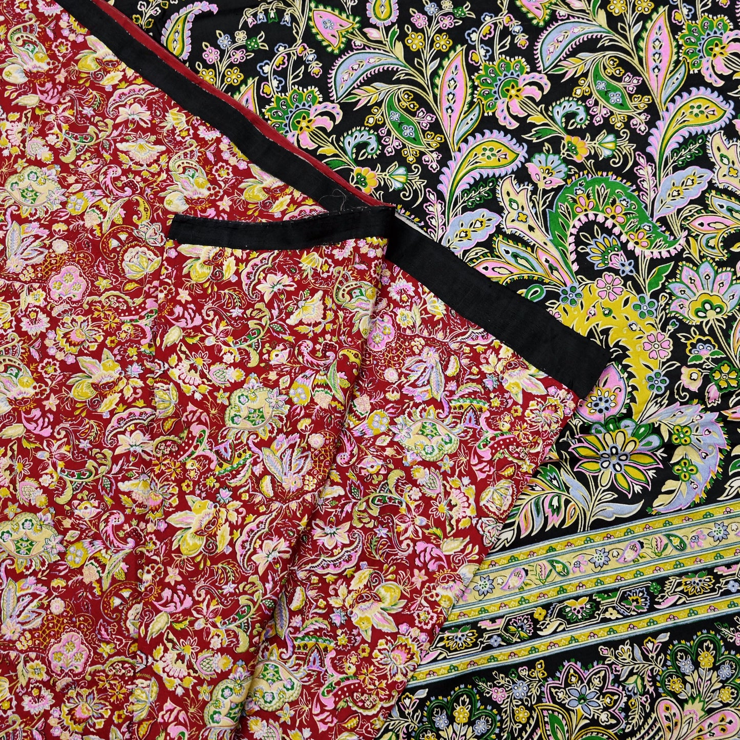 Indian Vintage Sari Black & Red Pure Silk Printed Sarees 5yd Sewing Craft Fabric Dress Making Soft Quilting Crafting Upcycle Used Floral