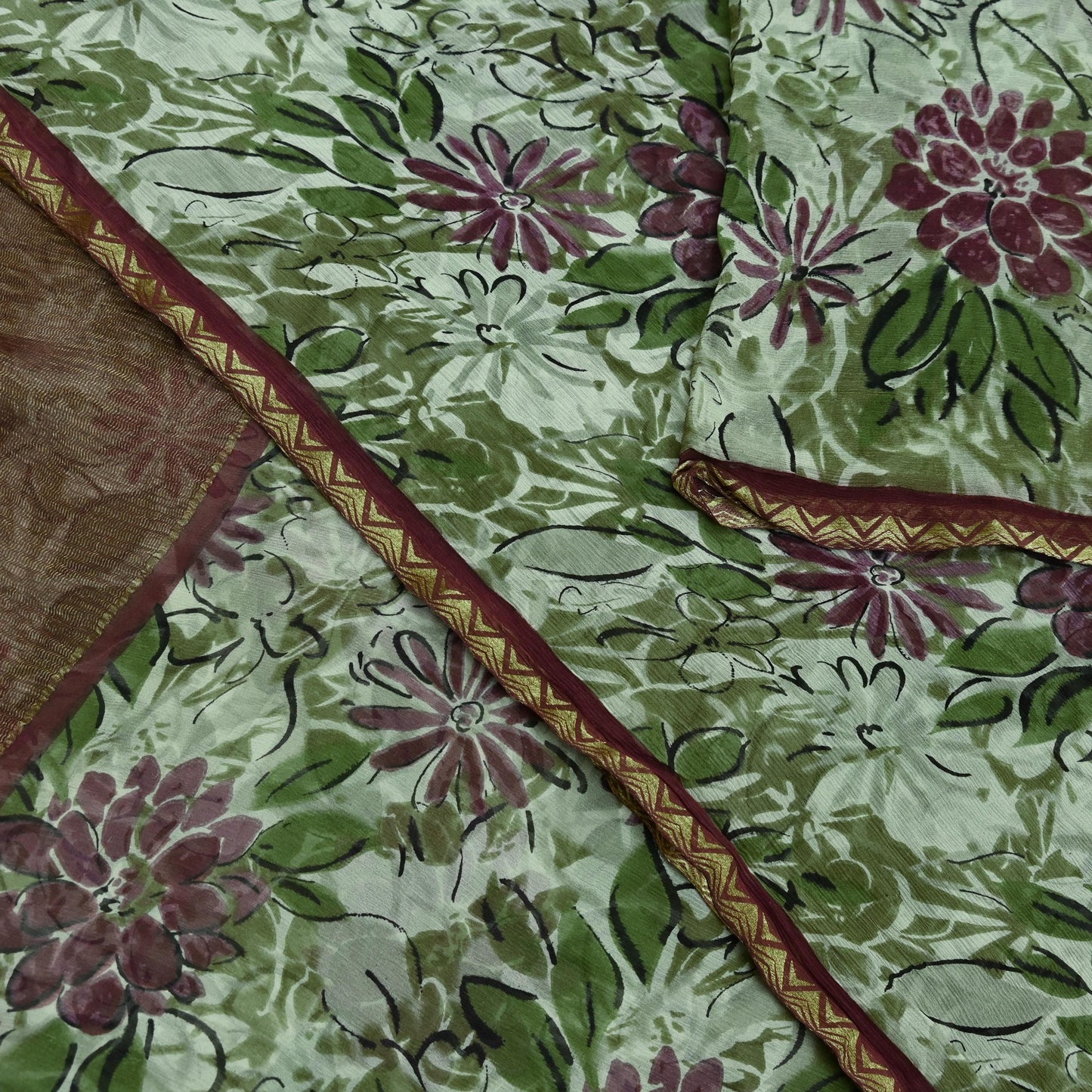 Indian Vintage Sari Green & Ivory Pure Chiffon Silk Printed Sarees 5Yd Craft Fabric Sewing Soft Light Sari Dress Making Upcycle Quilting
