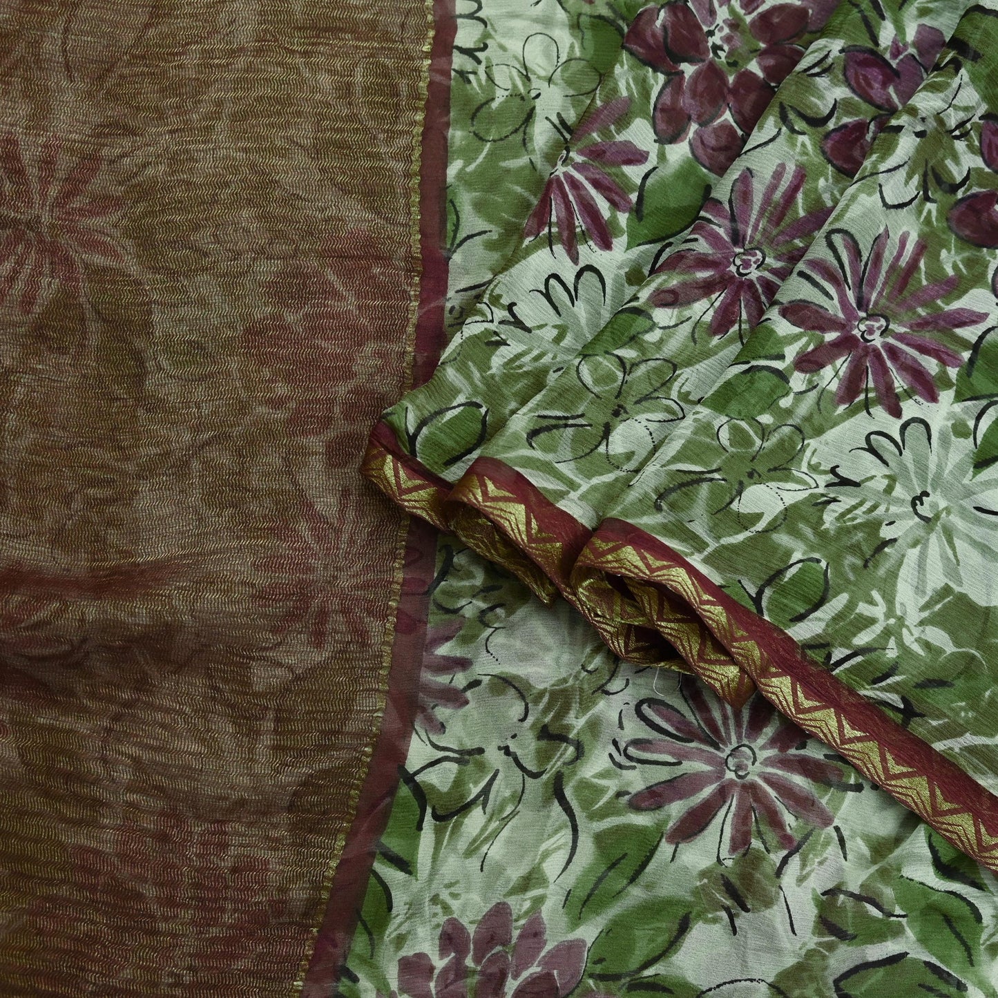 Indian Vintage Sari Green & Ivory Pure Chiffon Silk Printed Sarees 5Yd Craft Fabric Sewing Soft Light Sari Dress Making Upcycle Quilting