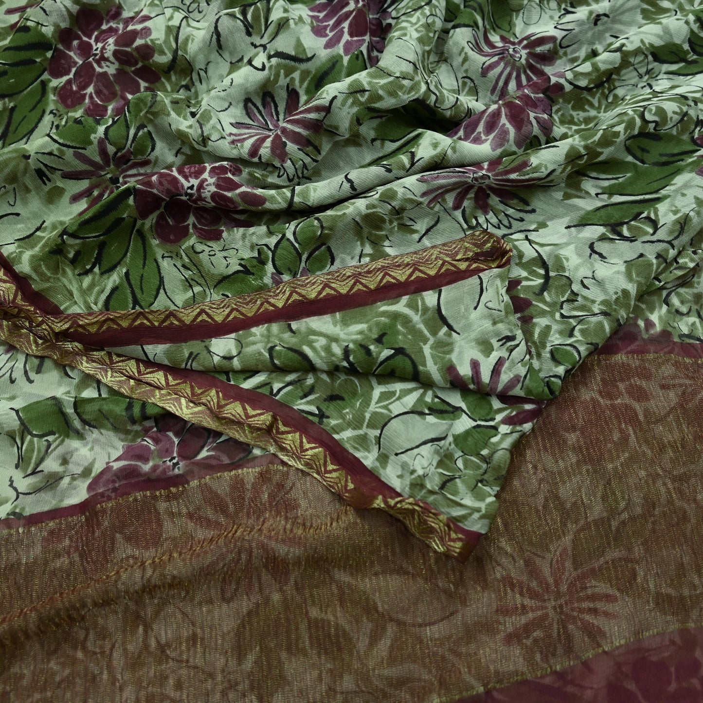 Indian Vintage Sari Green & Ivory Pure Chiffon Silk Printed Sarees 5Yd Craft Fabric Sewing Soft Light Sari Dress Making Upcycle Quilting