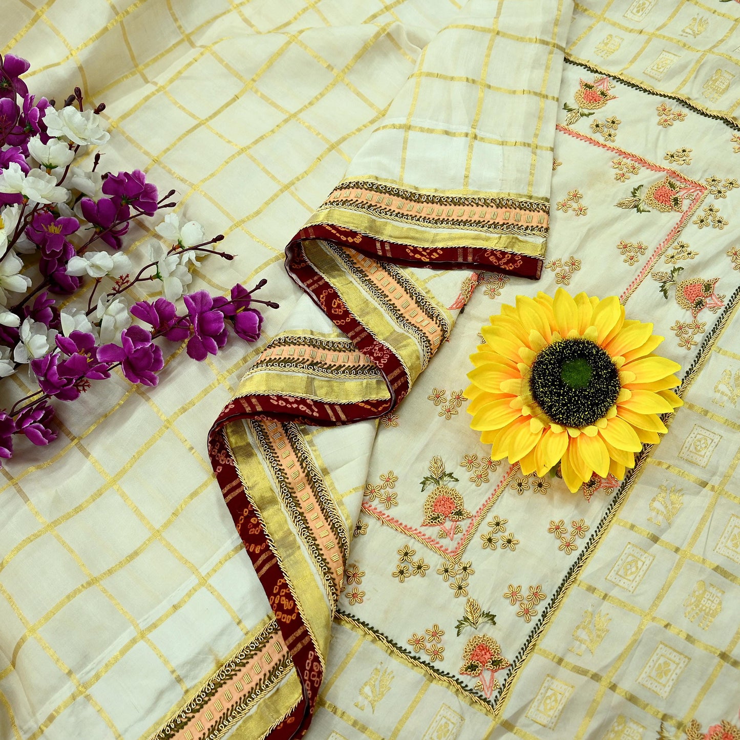 Indian Pre-owned Sari Cream Pure Silk Hand Embroidered Anamika Khanna Designer Sarees Ethnic 6Yd Zardozi/Dabka Zari Wedding Sarees