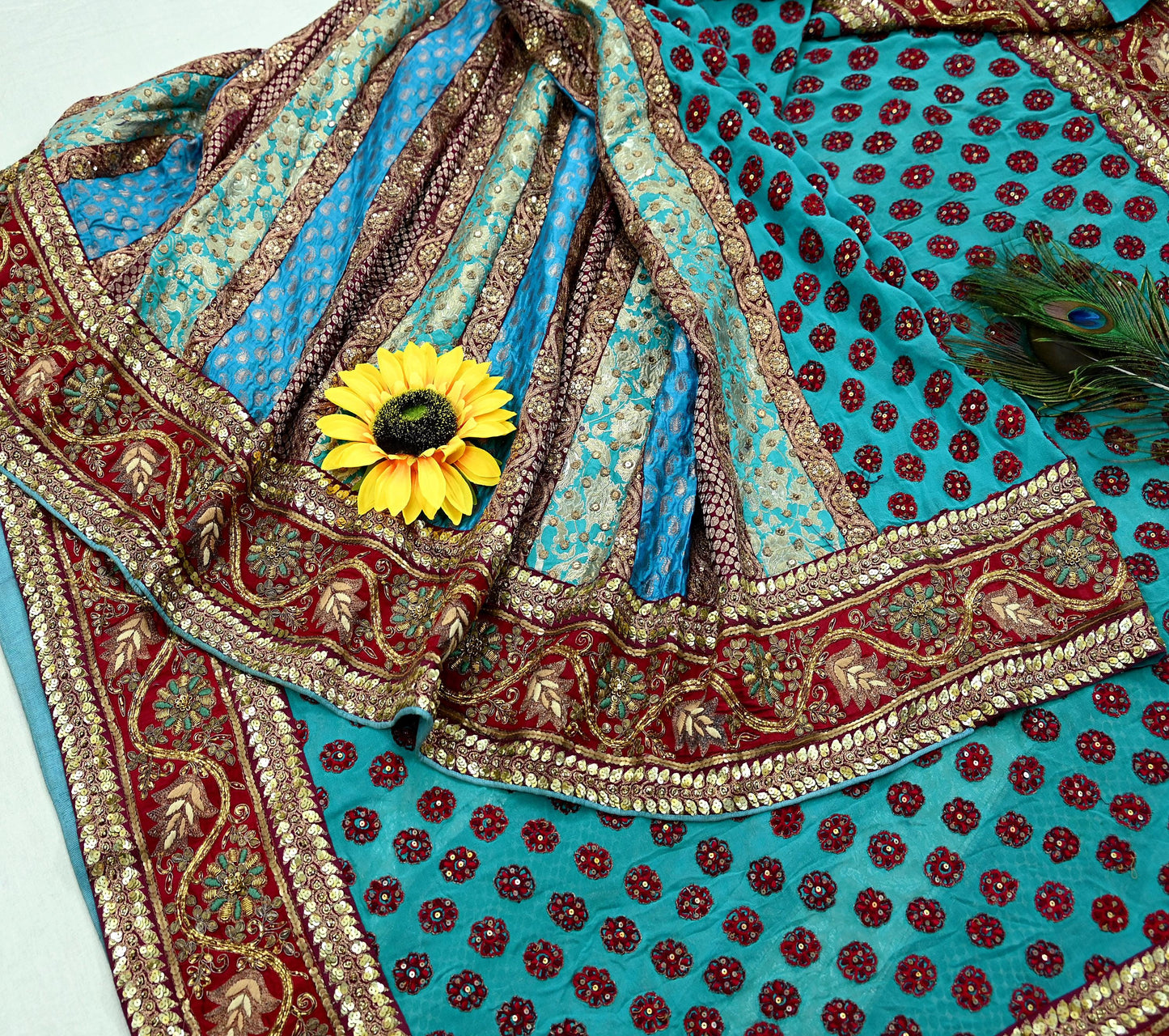 Indian Pre-Owned Sari Blue Pure Georgette Silk Hand Embroidered Designer Anamika Khanna Lehenga Sarees Ethnic Zardozi/Dabka Wedding Sarees