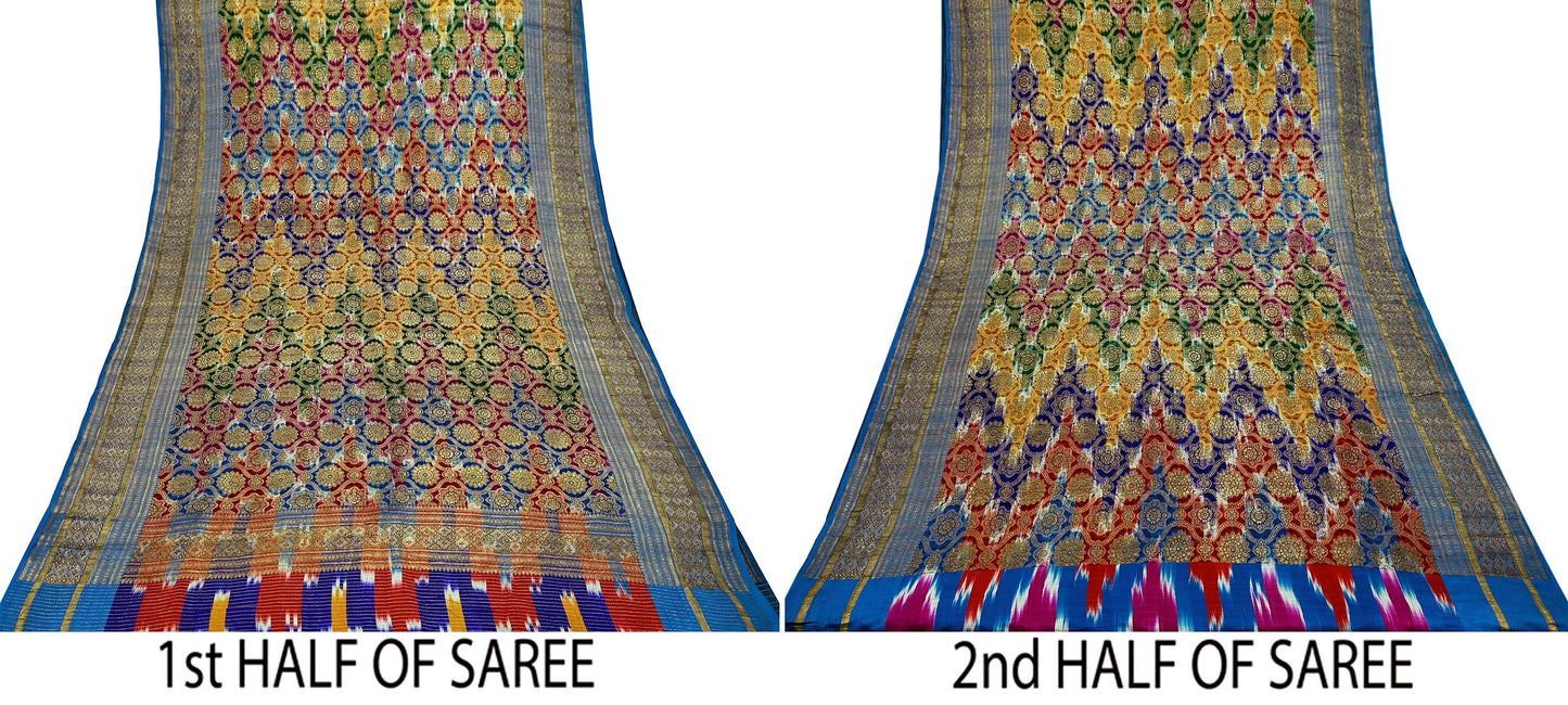 Indian Antique Vintage Heavy Wedding Sari Multi Pure Satin Silk Hand Woven Banarasi Sarees Zari 5Yd Pre-owned