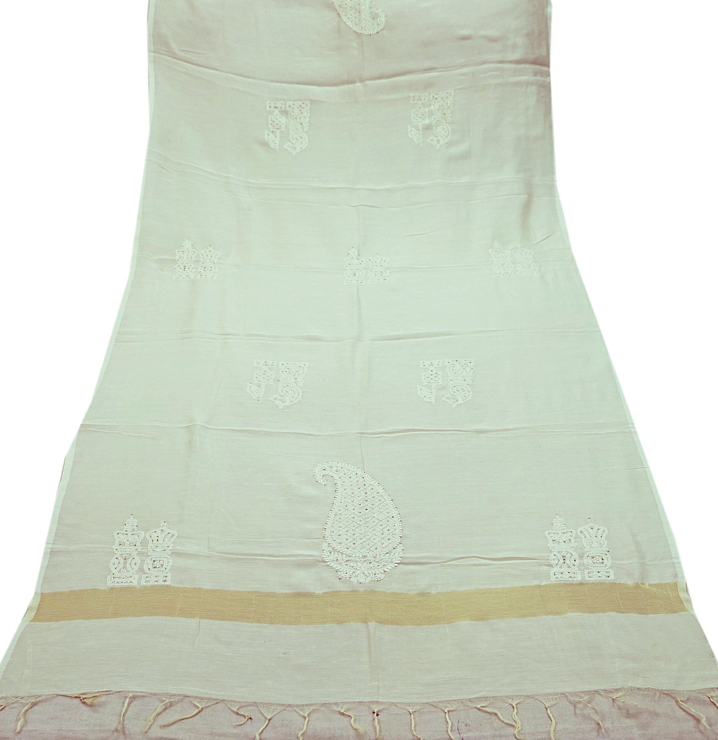 Indian Vintage Dupatta Ivory Long Stole Pure Chanderi silk Handmade Mukesh & Chikankari Scarves Veil Scarf Wrap Zari Floral Design