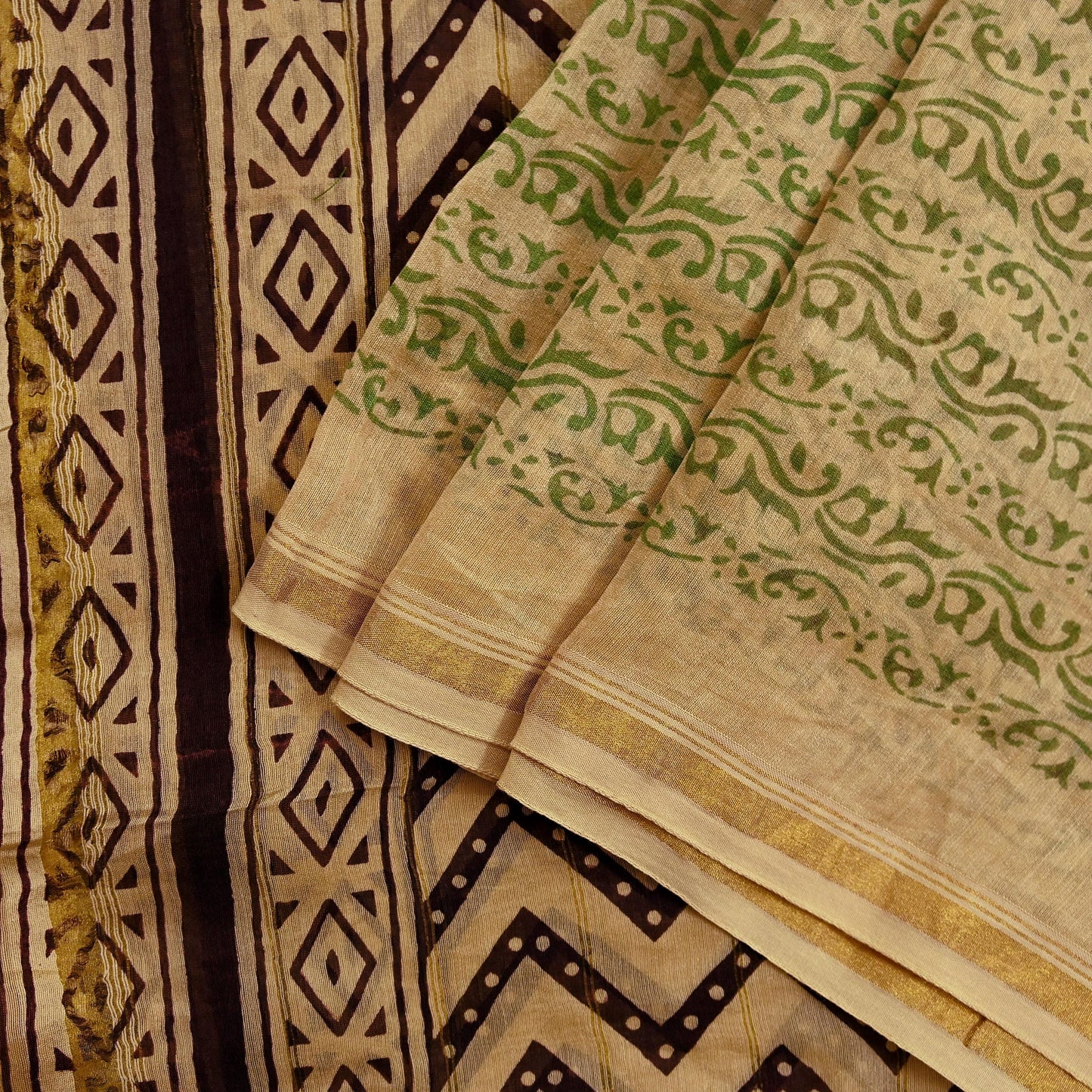 Indian Vintage Dupatta Beige Long Stole Block Print Pure Chanderi Silk Scarves Veil Floral Design Zari Border