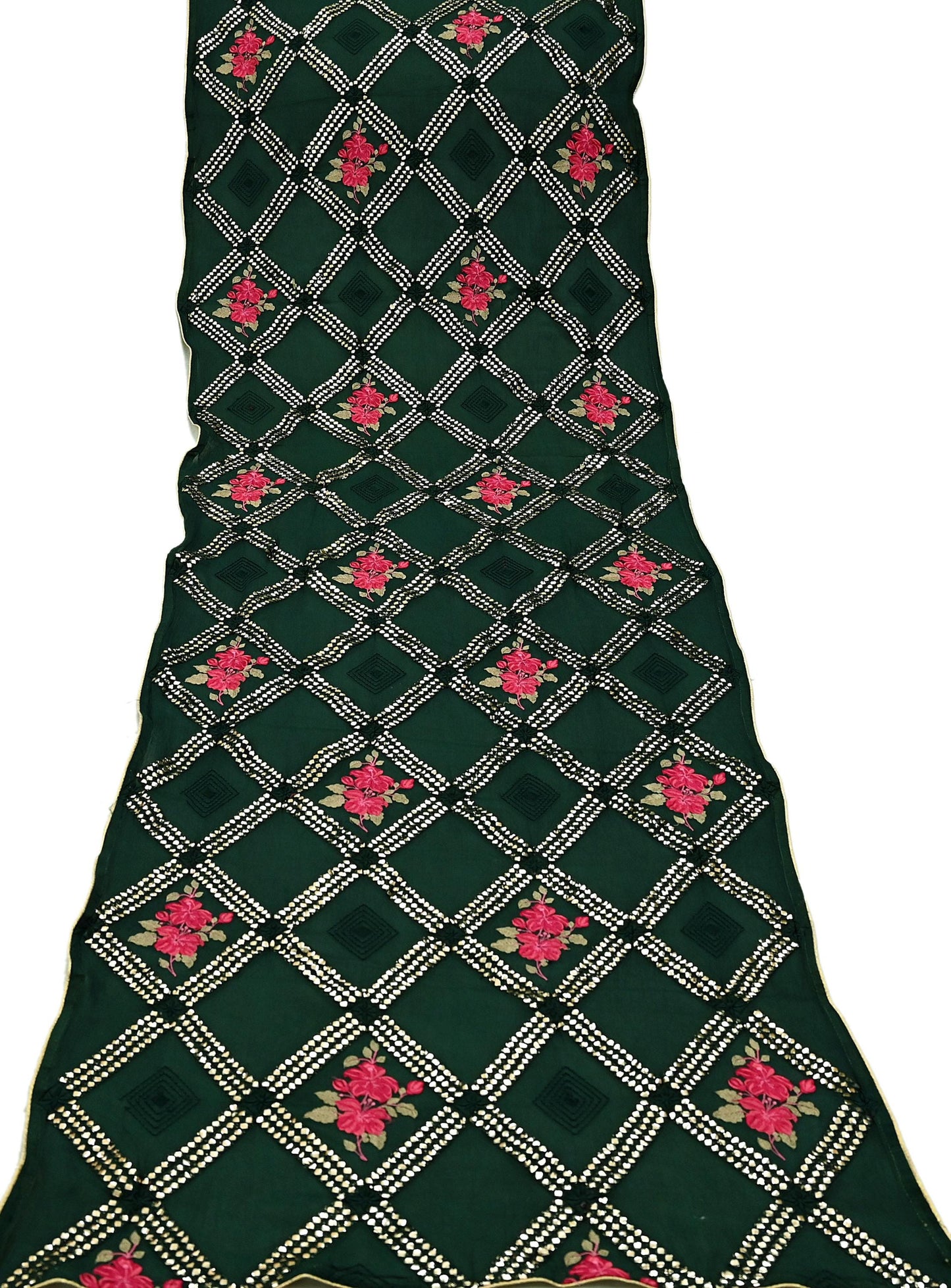 Indian Vintage Bottle Green Dupatta Pure silk Long Stole Hand Embroidered Scarves Floral Design Stole Veil Wrap