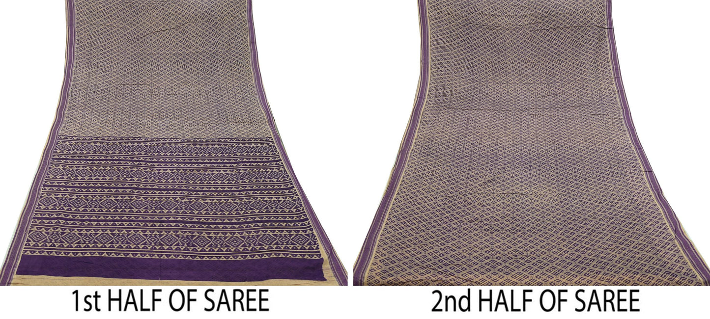 Indian Vintage Sari Beige & Purple Pure Cotton Printed Sarees Craft Fabric Soft 5Yd Sarong Wrap Boho Fabric Kimono Quilting Crafting Upcycle