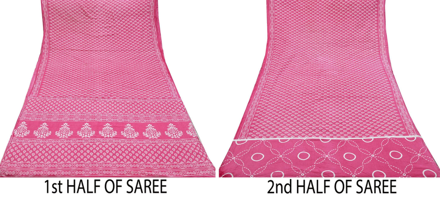 Indian Vintage Sari Pink Block Printed Pure Cotton Sarees 6Yd Craft Fabric Sewing Sarong Wrap Boho Upcycle quilting Dress making