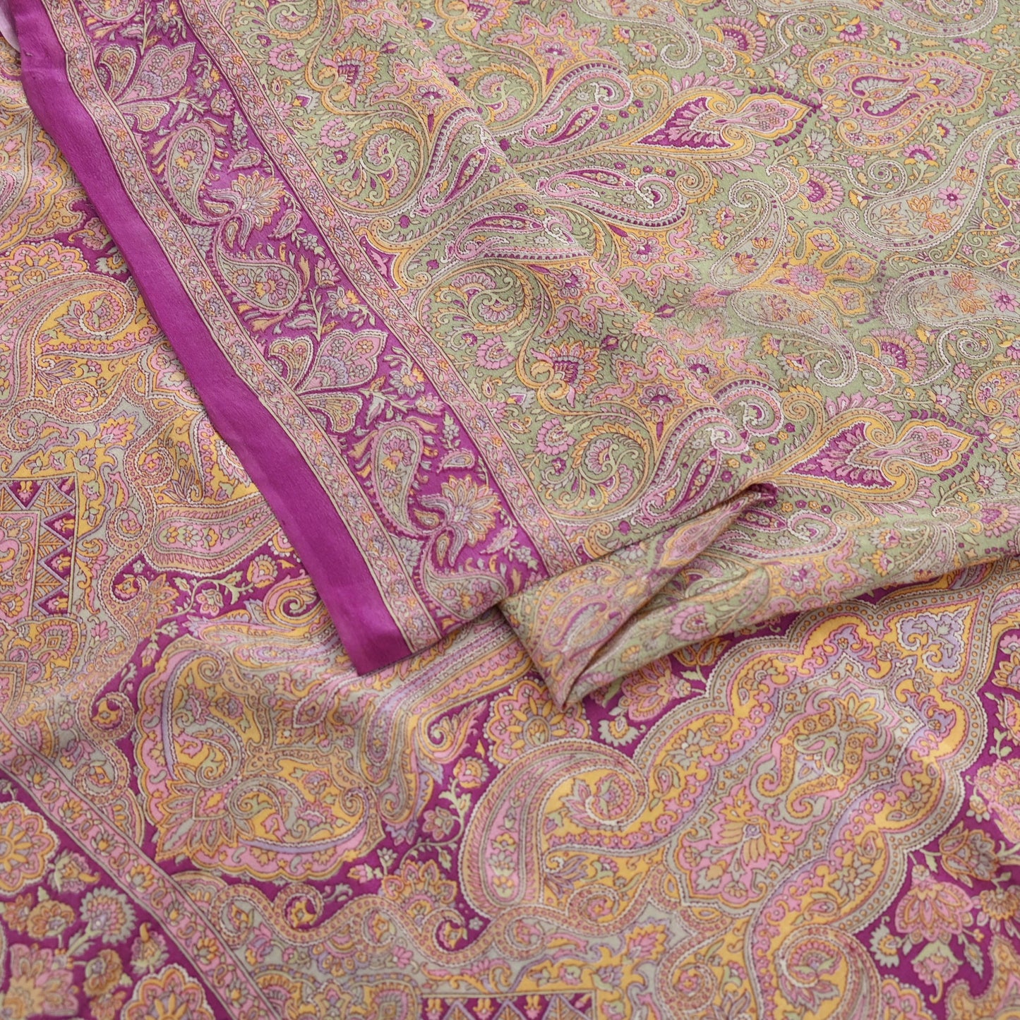 Indian Vintage Sari Green & Purple Pure Crepe Silk Printed Saree 5yd Sewing Floral Craft Fabric Wrap Dress Making Quilting Crafting