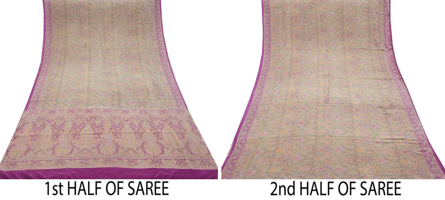 Indian Vintage Sari Green & Purple Pure Crepe Silk Printed Saree 5yd Sewing Floral Craft Fabric Wrap Dress Making Quilting Crafting