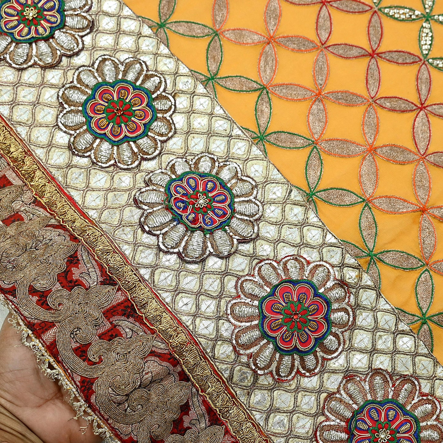 Indian Pre-Owned Heavy Hand Embroidered By Designer Anamika Khanna Dupatta Saffron Pure Georgette Silk Wedding/Party