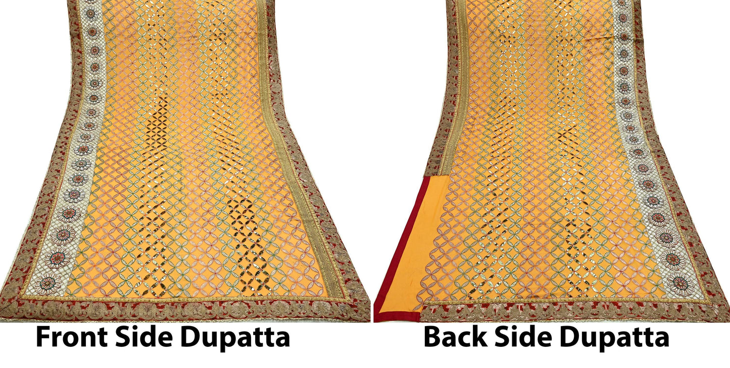 Indian Pre-Owned Heavy Hand Embroidered By Designer Anamika Khanna Dupatta Saffron Pure Georgette Silk Wedding/Party