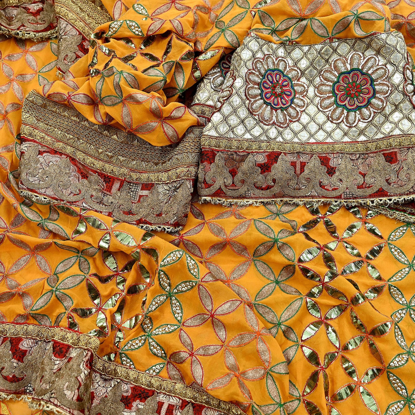 Indian Pre-Owned Heavy Hand Embroidered By Designer Anamika Khanna Dupatta Saffron Pure Georgette Silk Wedding/Party