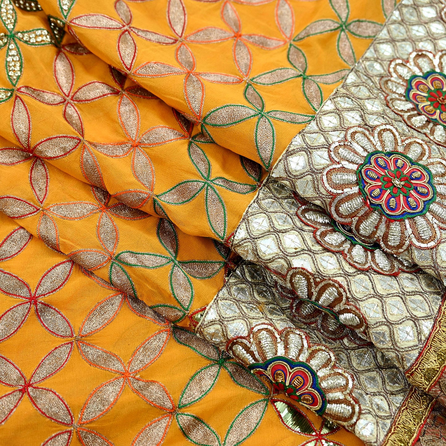 Indian Pre-Owned Heavy Hand Embroidered By Designer Anamika Khanna Dupatta Saffron Pure Georgette Silk Wedding/Party