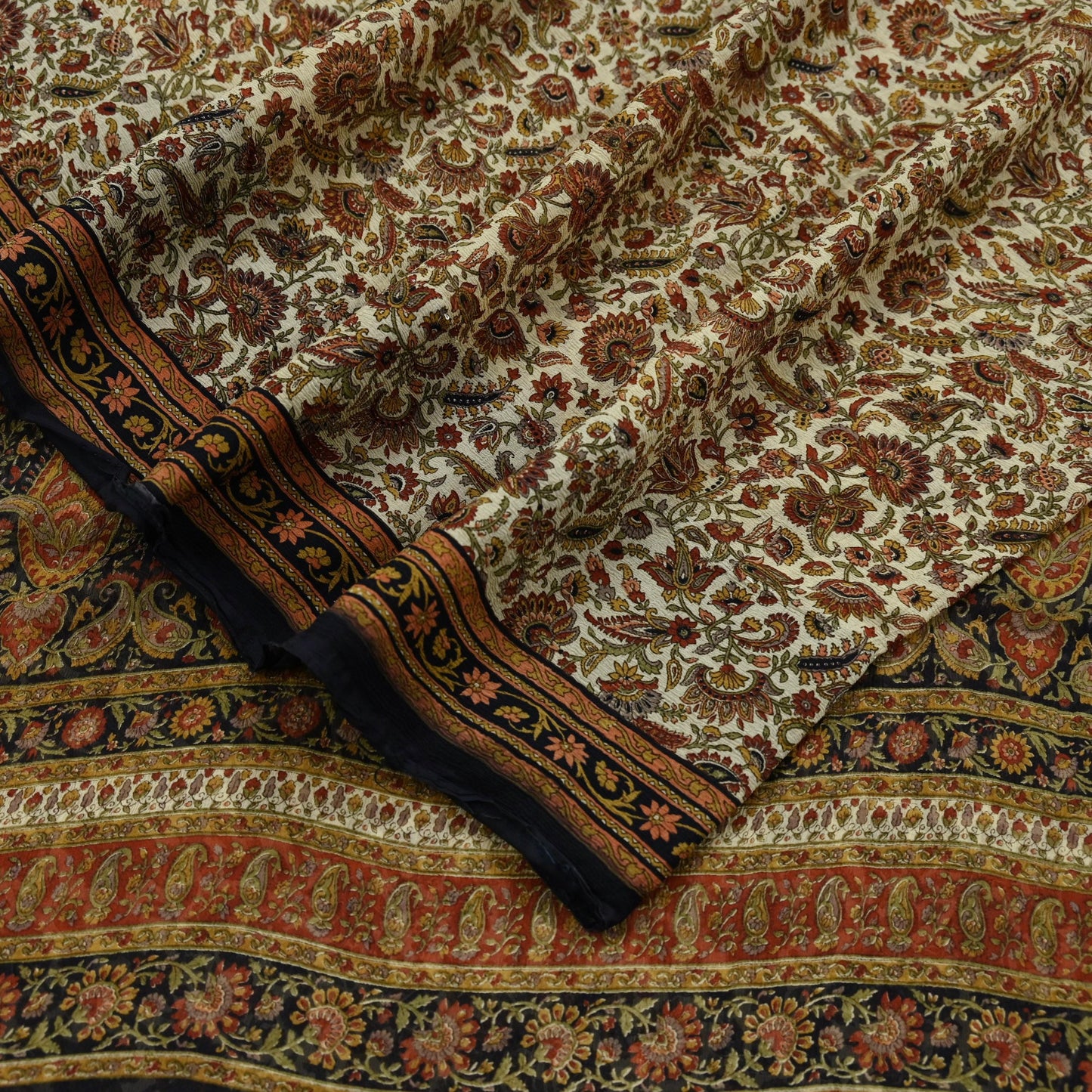 Indian Women Vintage Beige & Black Saree Pure Chiffon Silk Printed Sari Craft Fabric Sewing 5Yard Soft Light Sari Dress Making
