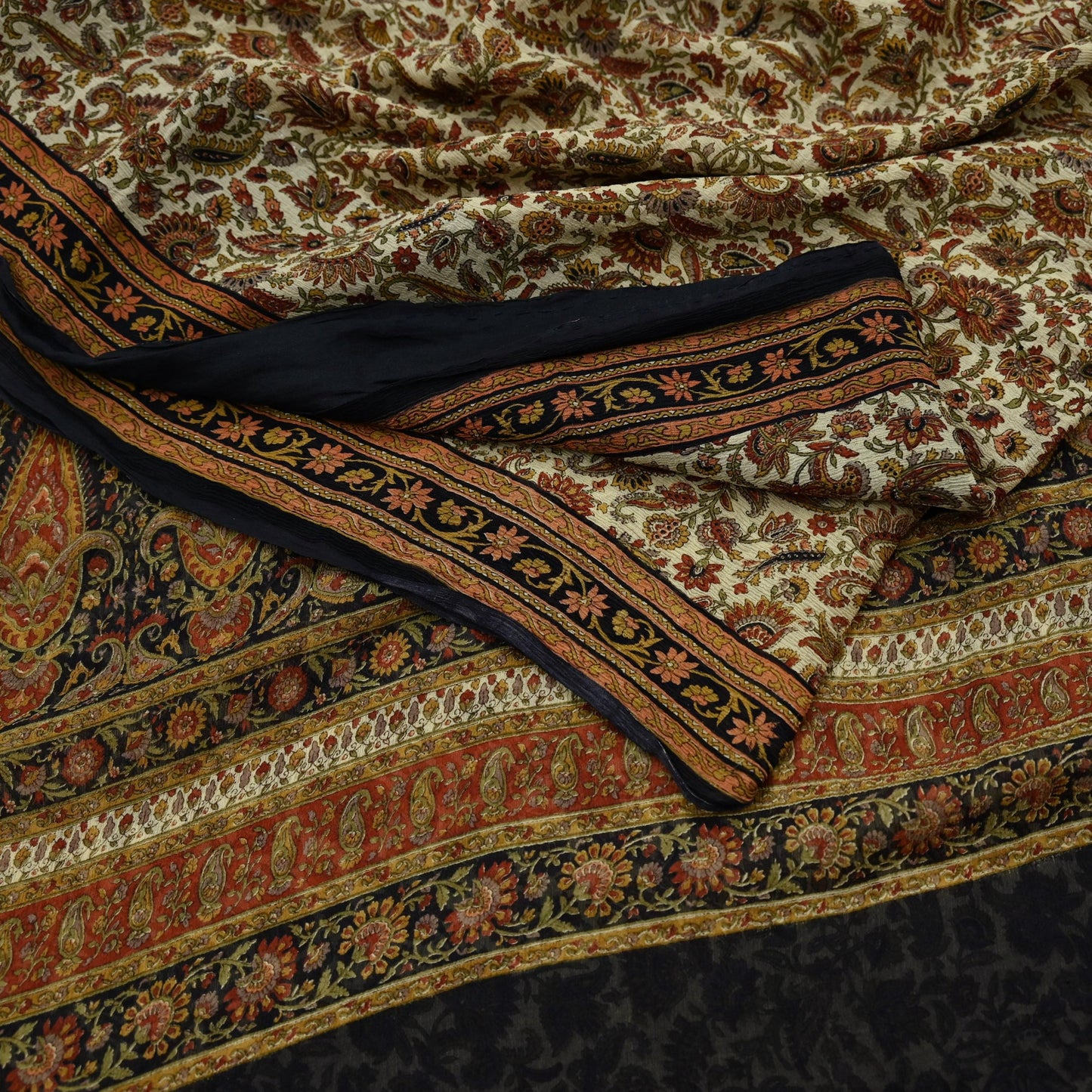 Indian Women Vintage Beige & Black Saree Pure Chiffon Silk Printed Sari Craft Fabric Sewing 5Yard Soft Light Sari Dress Making