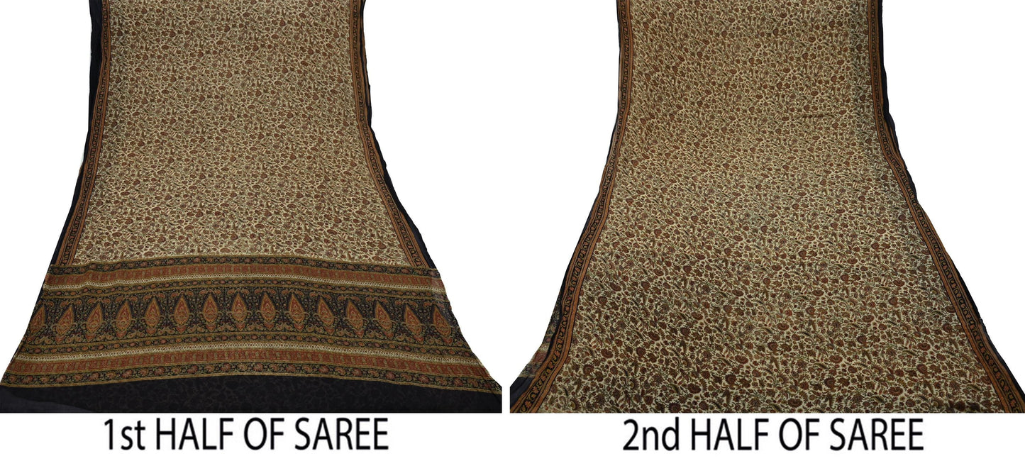 Indian Women Vintage Beige & Black Saree Pure Chiffon Silk Printed Sari Craft Fabric Sewing 5Yard Soft Light Sari Dress Making