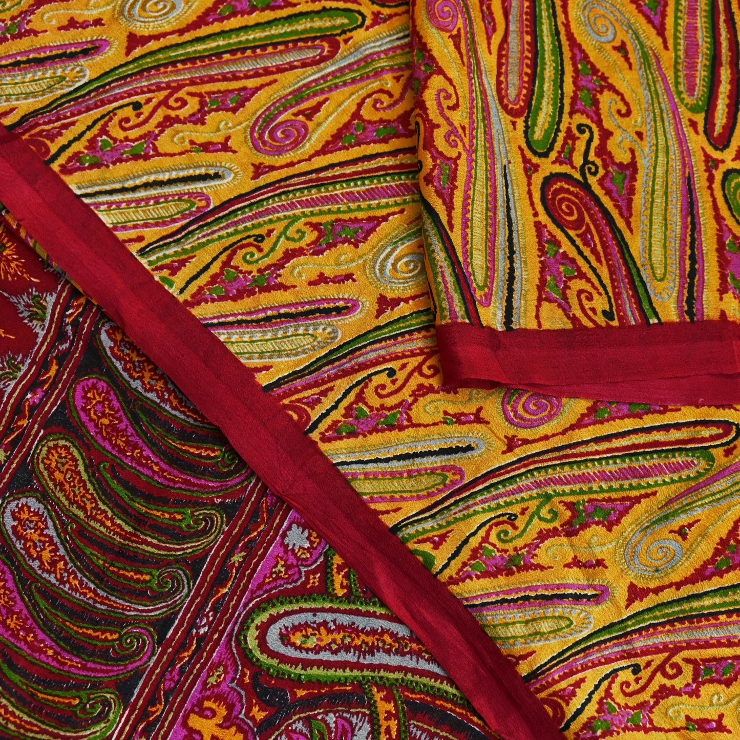 Indian Vintage Sari Red & Yellow Pure Silk Printed Saree Fabric 5yd Sewing Craft Fabric DressMaking Soft