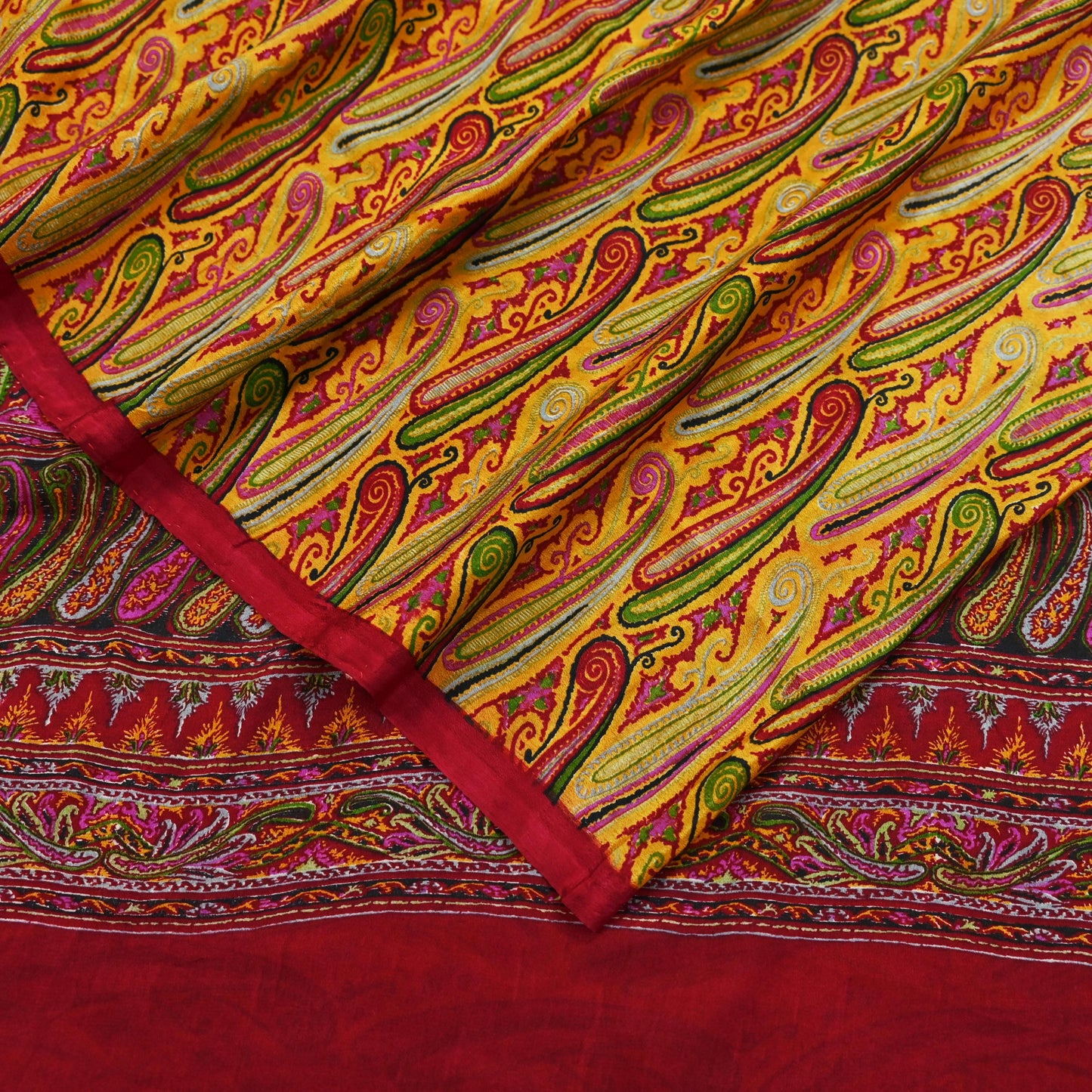 Indian Vintage Sari Red & Yellow Pure Silk Printed Saree Fabric 5yd Sewing Craft Fabric DressMaking Soft