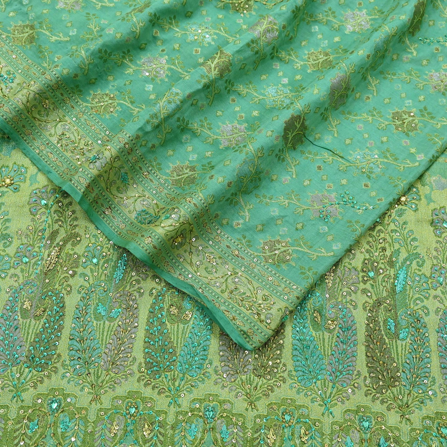 Indian Vintage Green Sari Pure Tussar Silk Hand Embroidered Sarees Craft Fabric 5Yd Sewing Ethnic Sequins Dress making Crafting Quilting