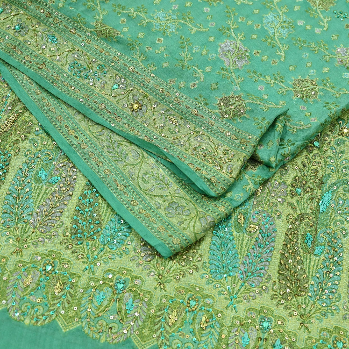 Indian Vintage Green Sari Pure Tussar Silk Hand Embroidered Sarees Craft Fabric 5Yd Sewing Ethnic Sequins Dress making Crafting Quilting